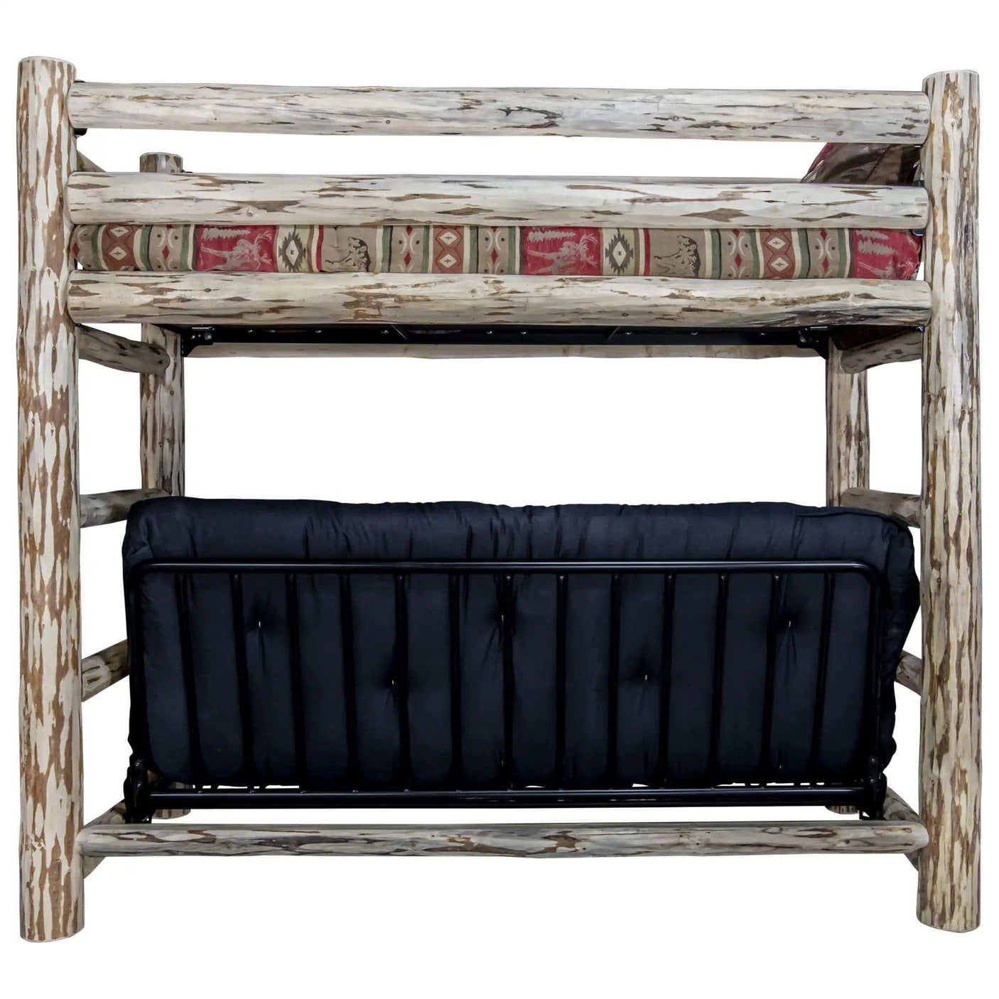Rustic twin bunk bed over full futon frame with clear lacquer finish and patterned mattress