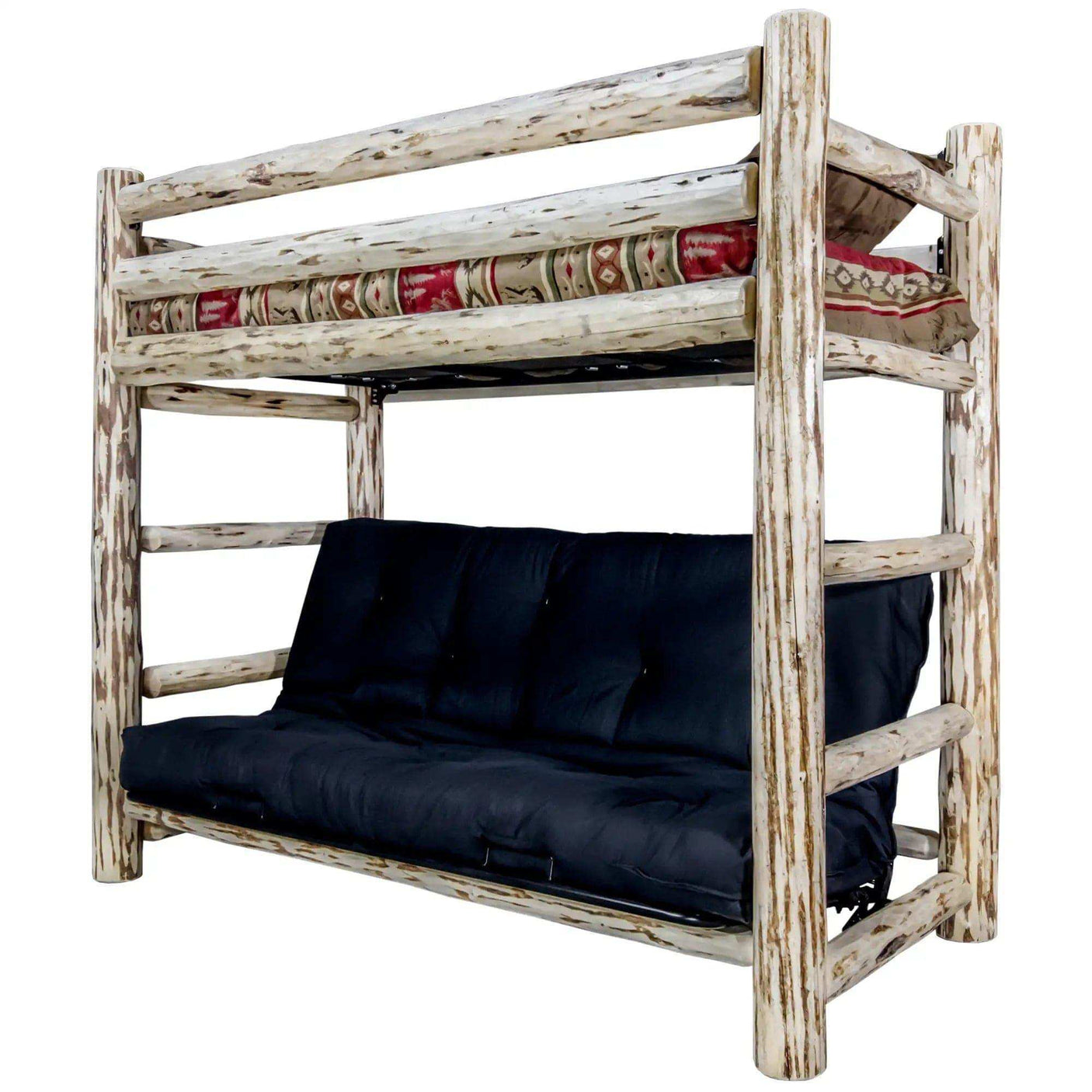 Rustic wood twin bunk bed over full futon frame with mattress, clear lacquer finish