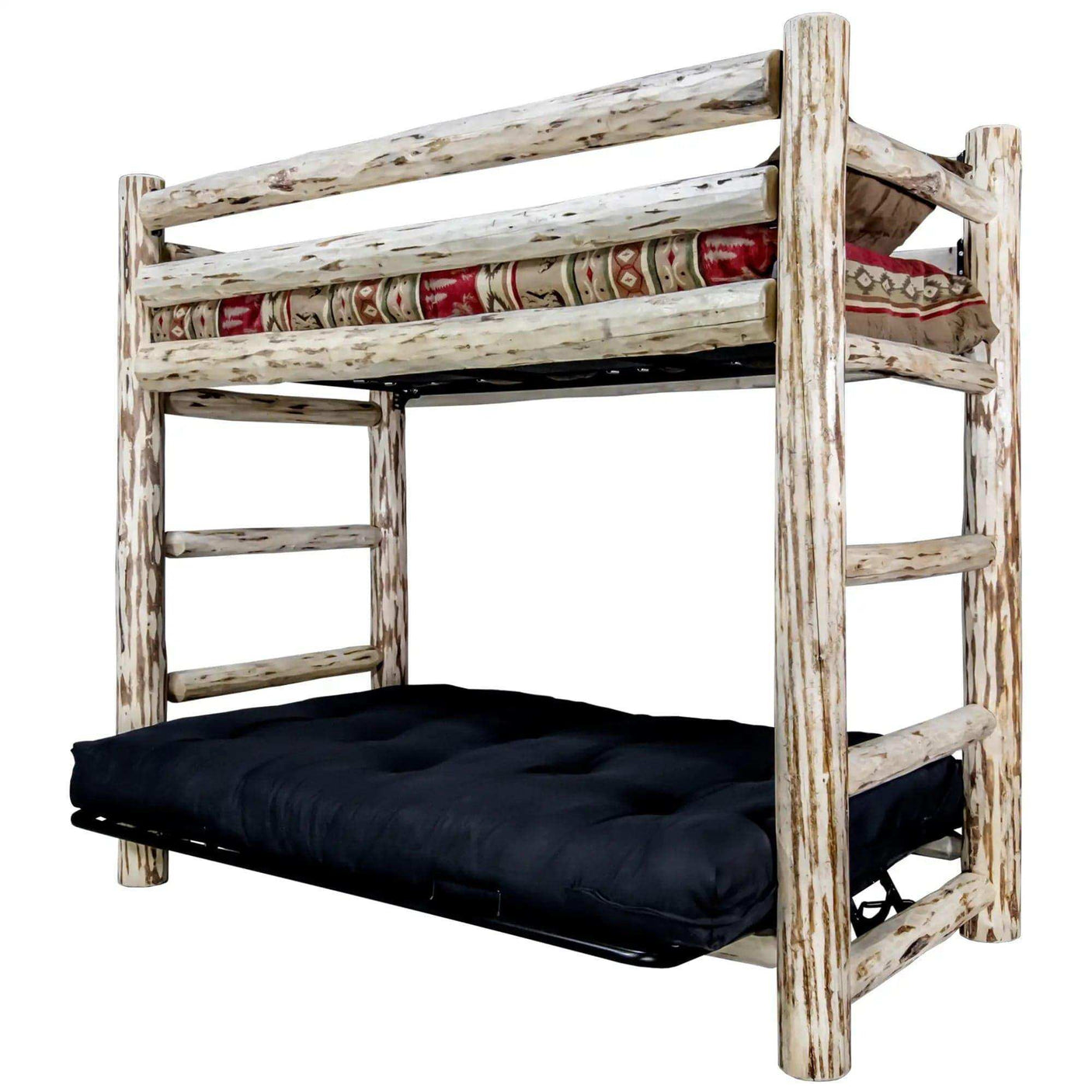 Rustic twin bunk bed over full futon with clear lacquer finish and black mattress