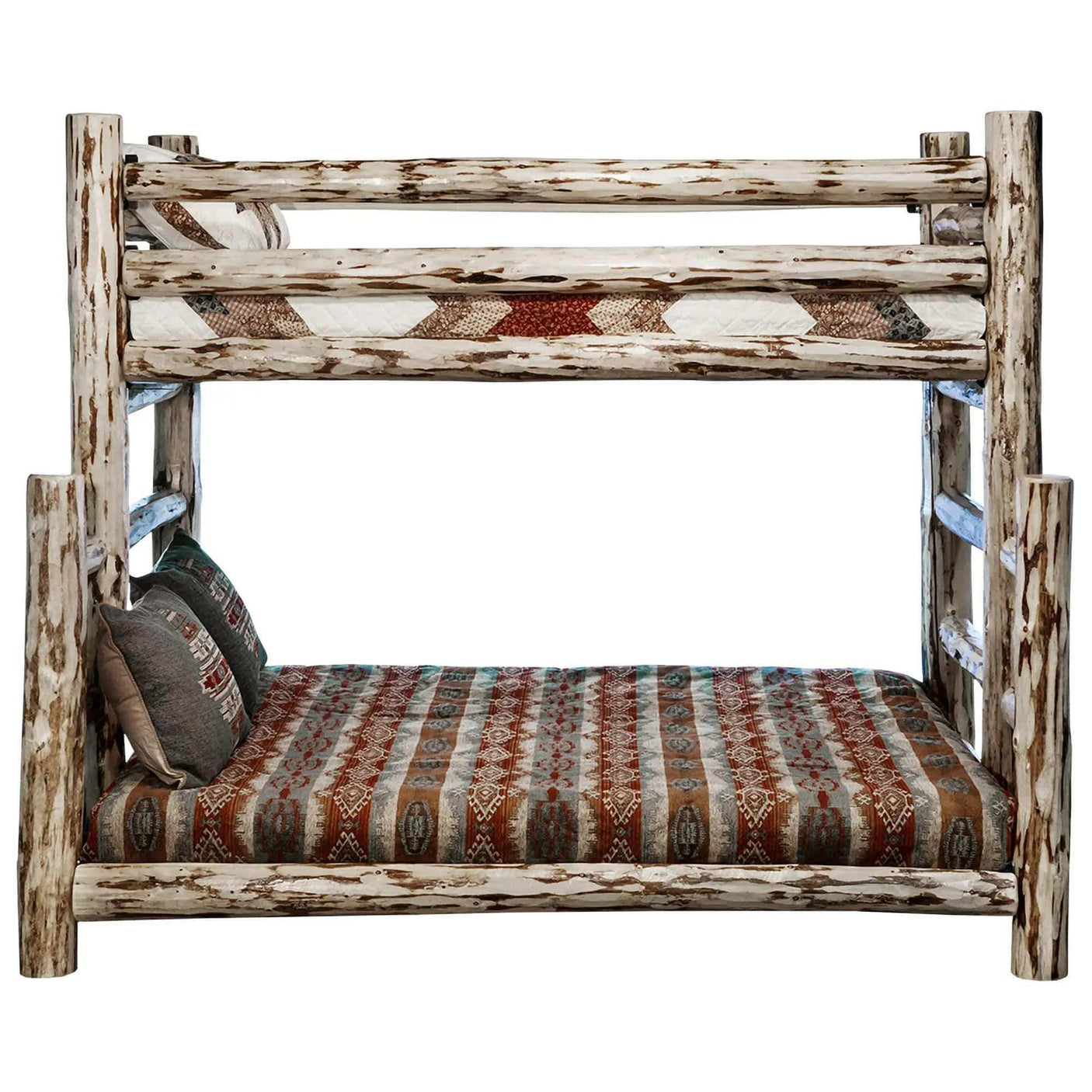 Rustic twin over full bunk bed with clear lacquer finish and patterned bedding