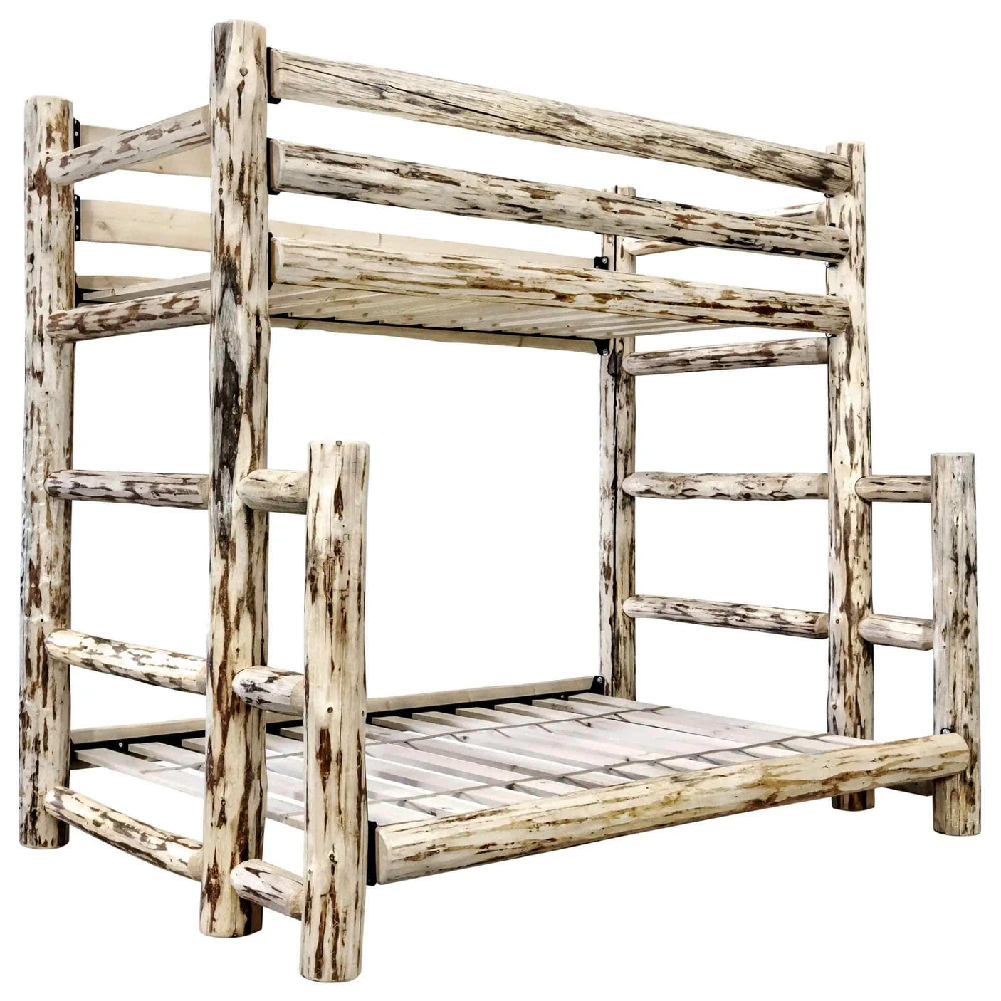 Rustic twin over full bunk bed with clear lacquer finish, log frame, wooden slats