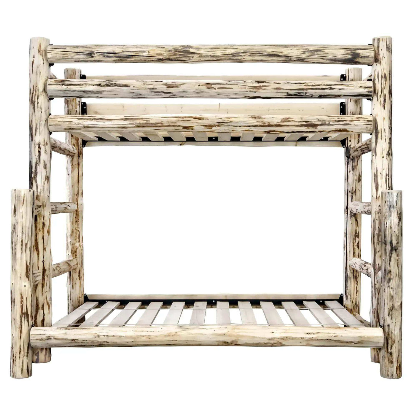 Rustic wood twin over full bunk bed with clear lacquer finish and built-in ladders