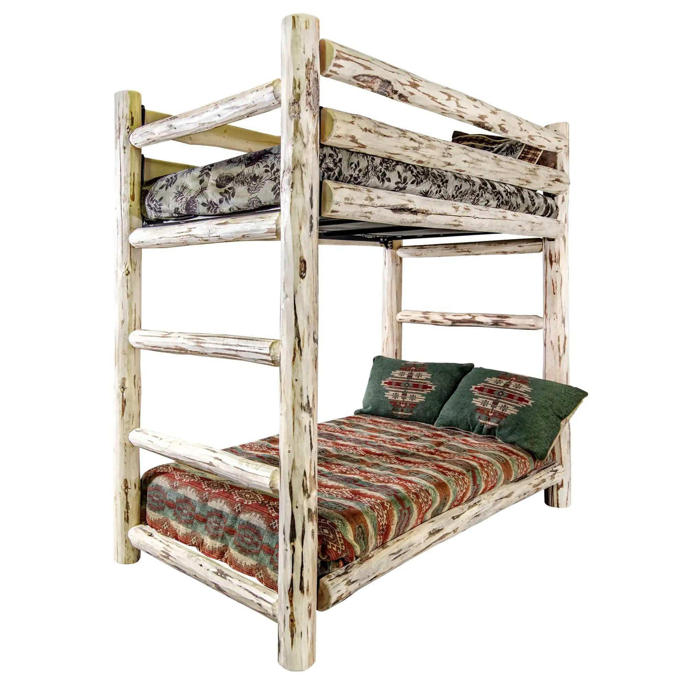 Rustic twin over twin log bunk bed with clear lacquer finish and patterned bedding