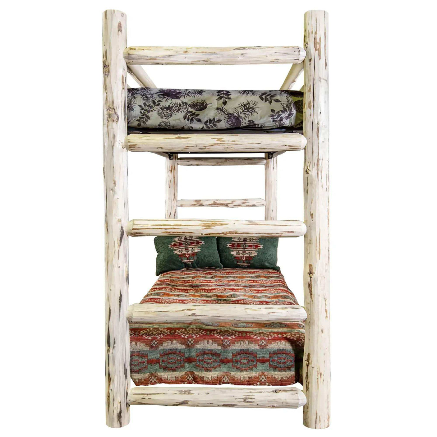Rustic twin over twin bunk bed with clear lacquer finish and southwest patterned bedding