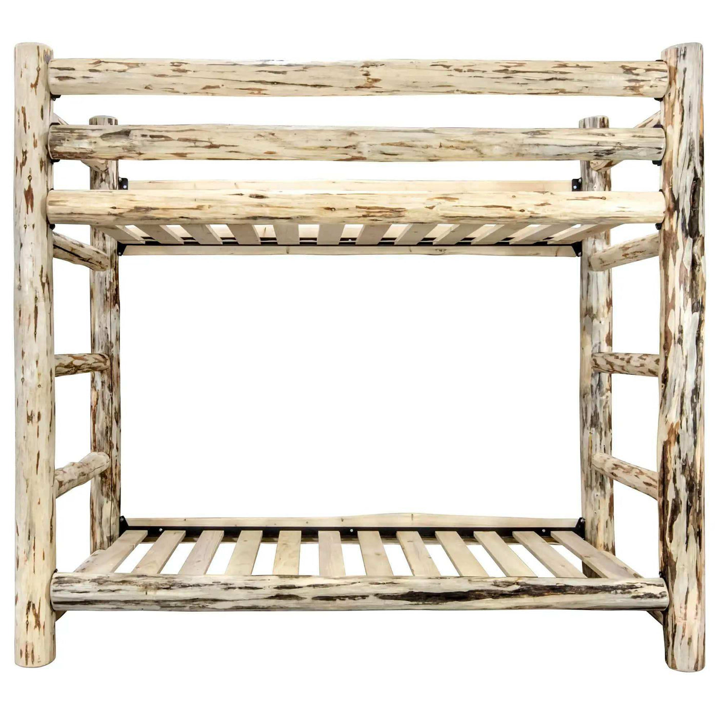 Rustic twin over twin pine bunk bed with clear lacquer finish and log frame design
