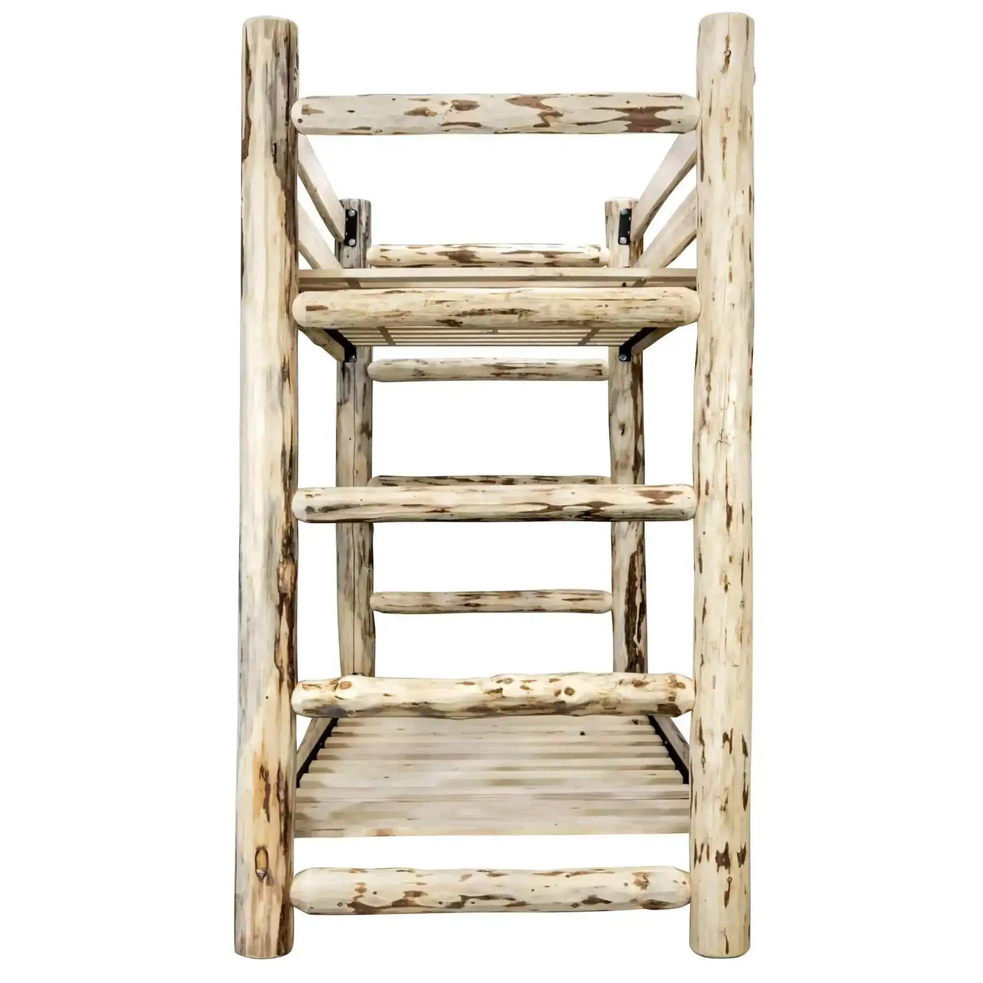 Rustic log twin over twin bunk bed with clear lacquer finish, front ladder view