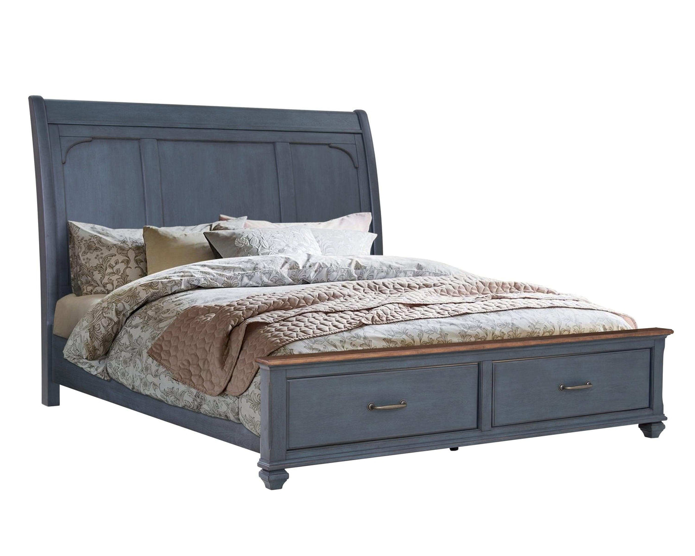 Sleigh Storage Bed, Americana Sleigh Bed, 2 Drawers, USB, Corduroy Blue