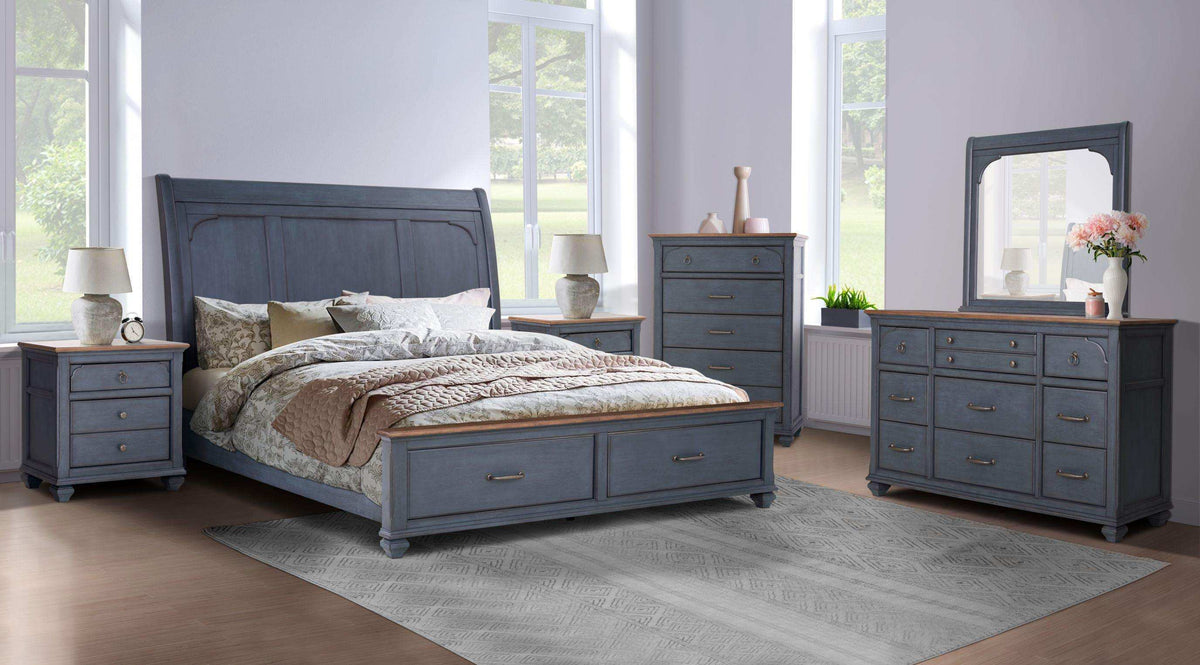 Sleigh Storage Bed, Americana Sleigh Bed, 2 Drawers, USB, Corduroy Blue