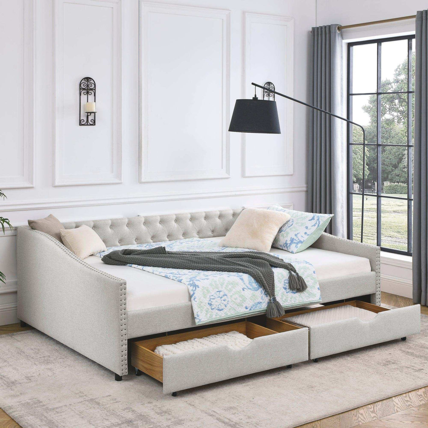 Queen Daybed | Tufted Copper Nailhead & Underbed Drawers | Beige