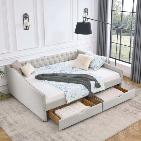 Queen Daybed | Tufted Copper Nailhead & Underbed Drawers | Beige
