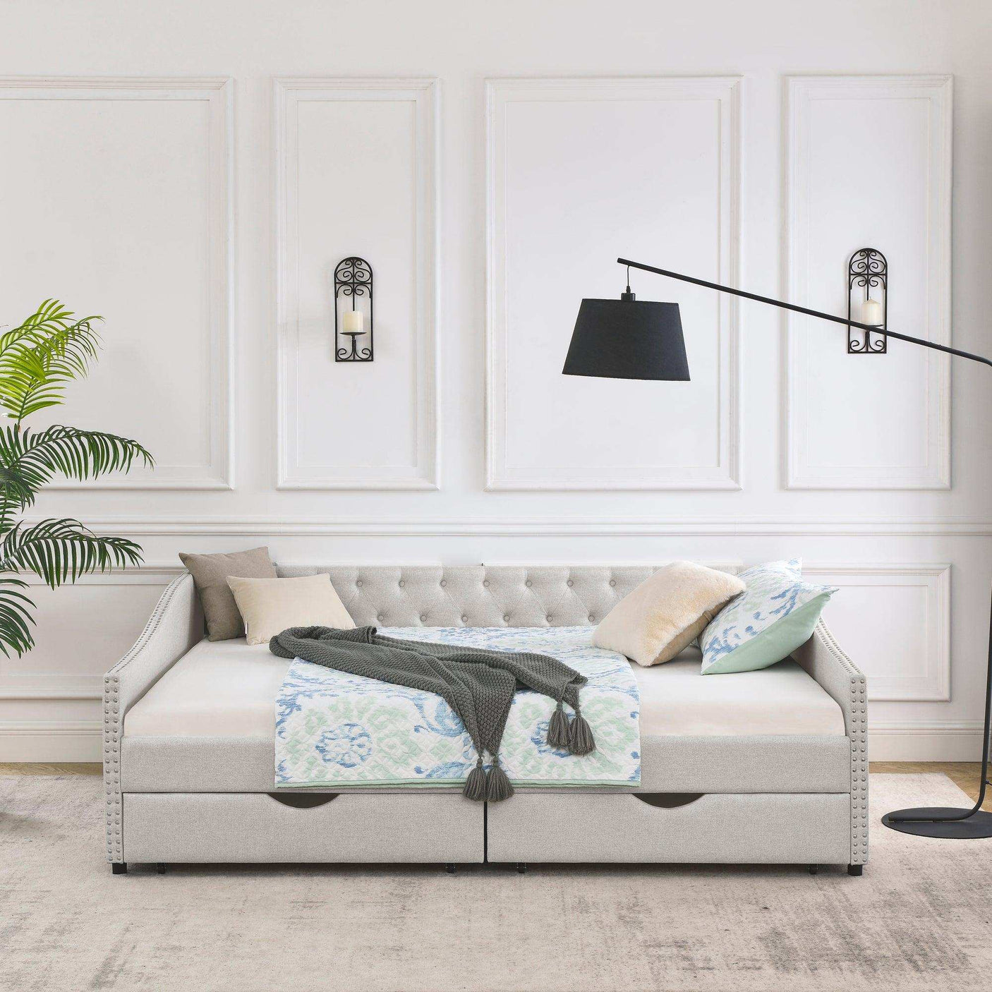 Queen Daybed | Tufted Copper Nailhead & Underbed Drawers | Beige