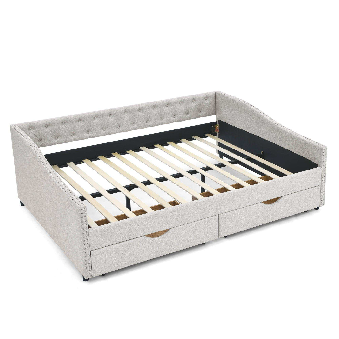 Queen Daybed | Tufted Copper Nailhead & Underbed Drawers | Beige