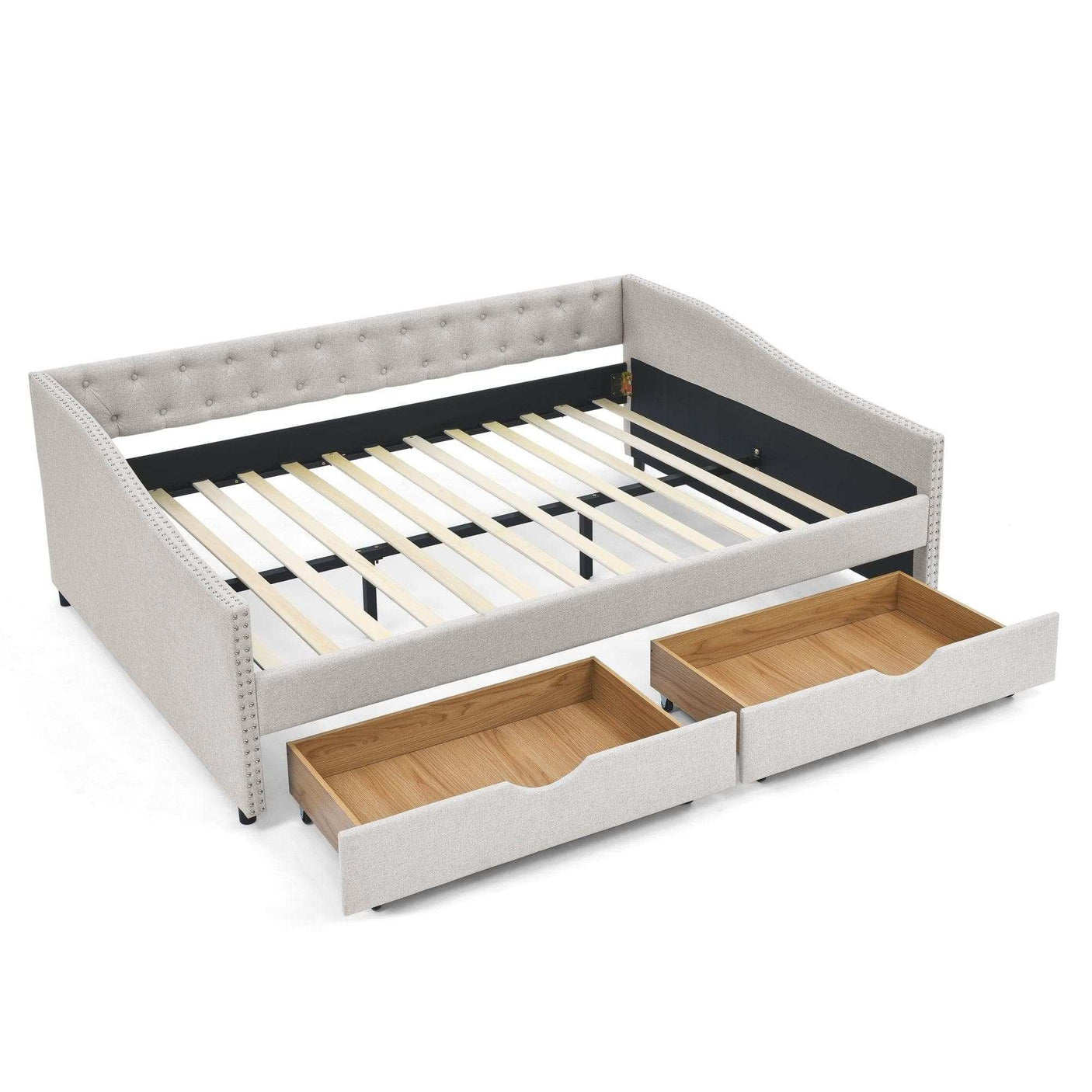 Queen Daybed | Tufted Copper Nailhead & Underbed Drawers | Beige