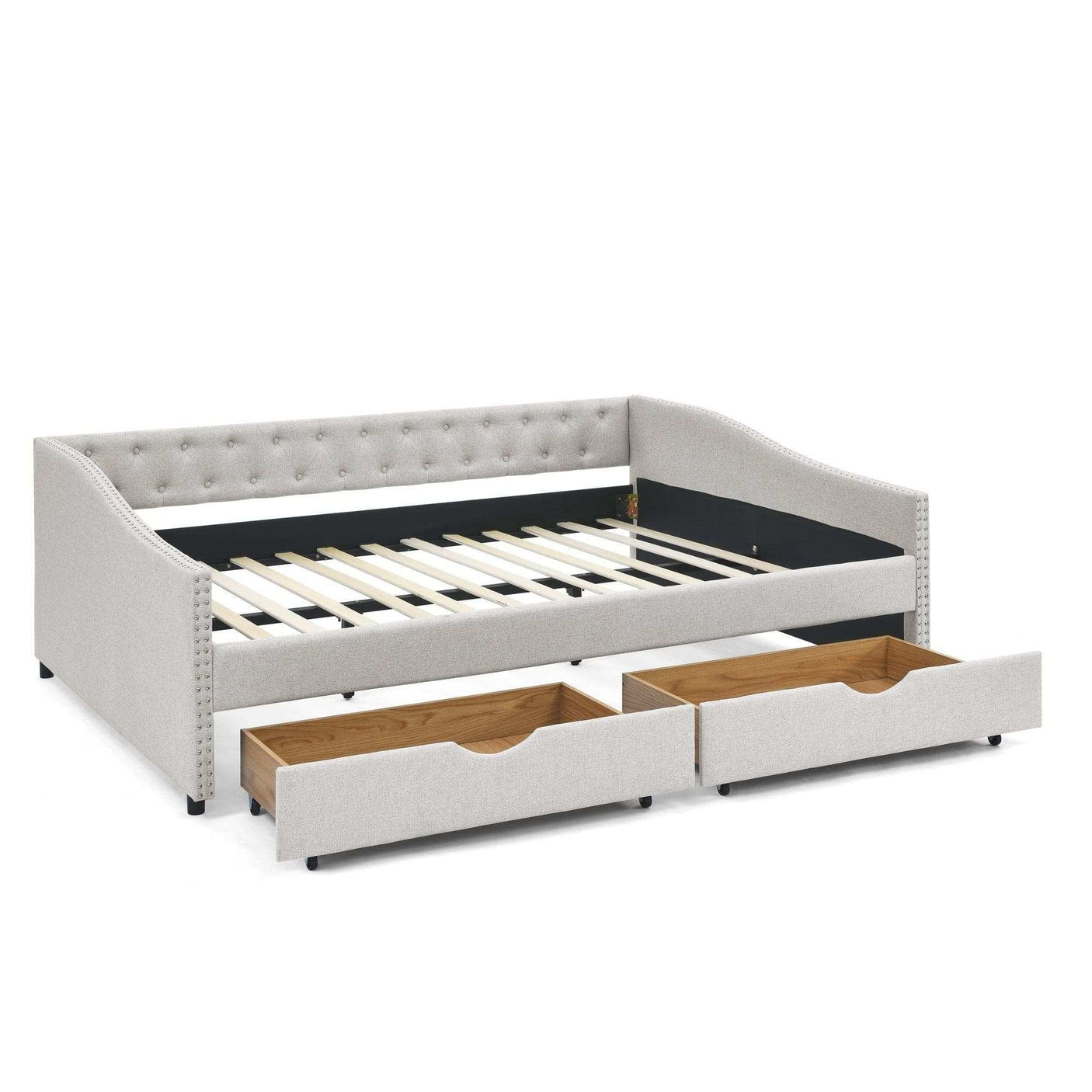 Queen Daybed | Tufted Copper Nailhead & Underbed Drawers | Beige