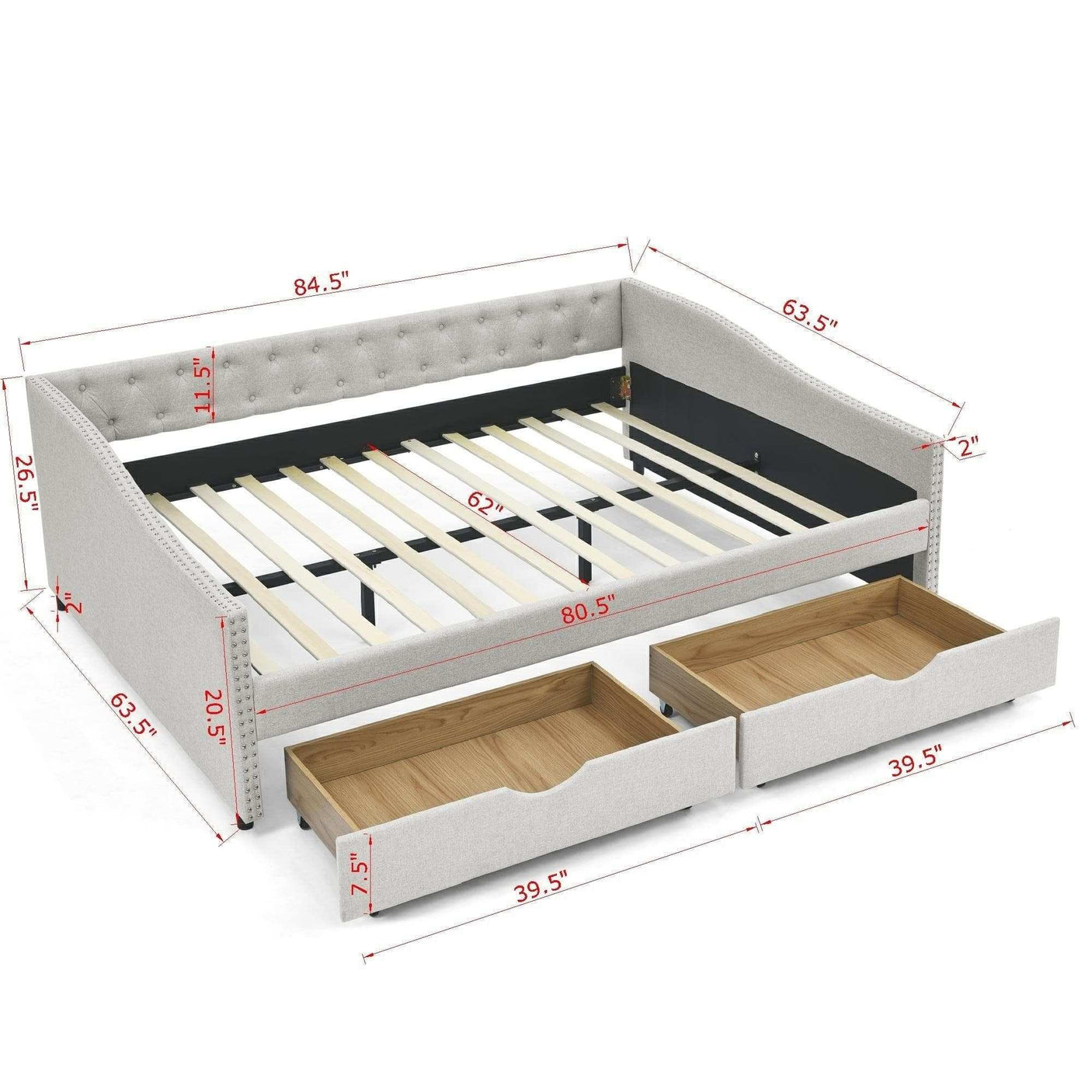 Queen Daybed | Tufted Copper Nailhead & Underbed Drawers | Beige