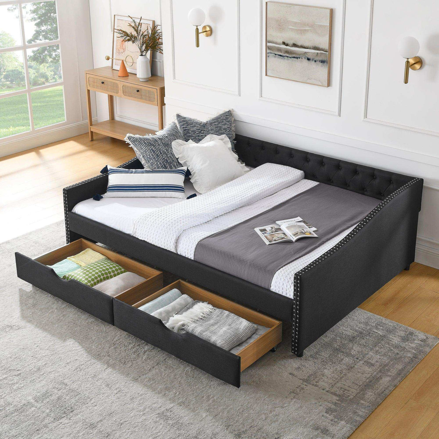 Queen Daybed | Tufted Copper Nailhead & Underbed Drawers | Black