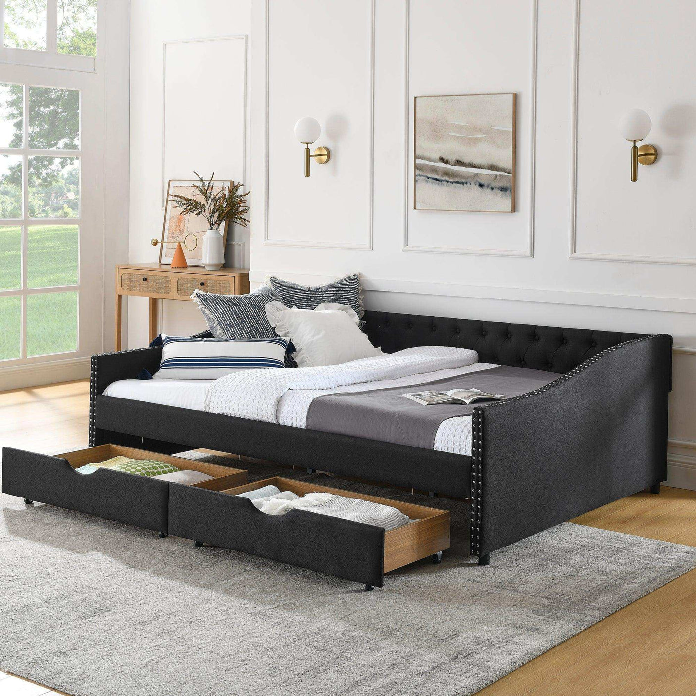 Queen Daybed | Tufted Copper Nailhead & Underbed Drawers | Black