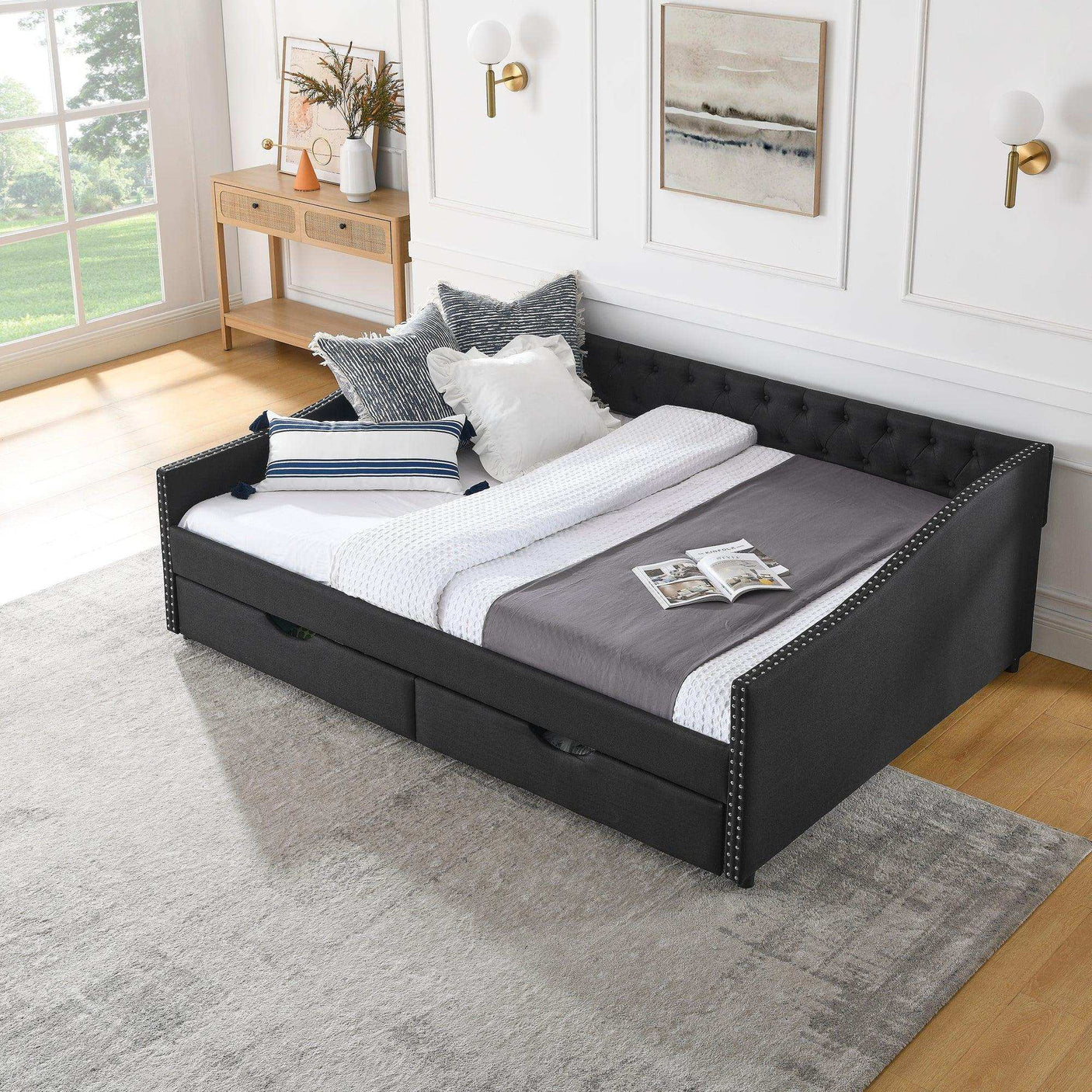 Queen Daybed | Tufted Copper Nailhead & Underbed Drawers | Black