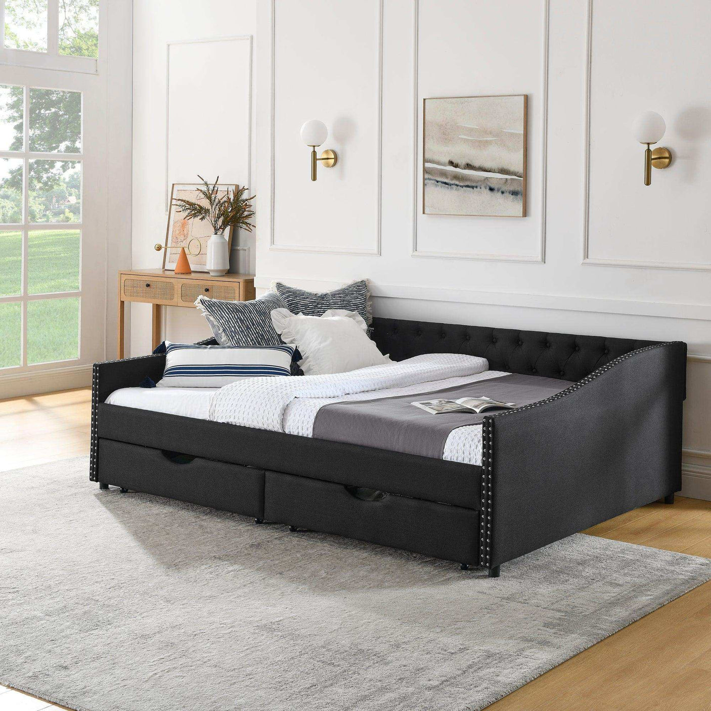 Queen Daybed | Tufted Copper Nailhead & Underbed Drawers | Black