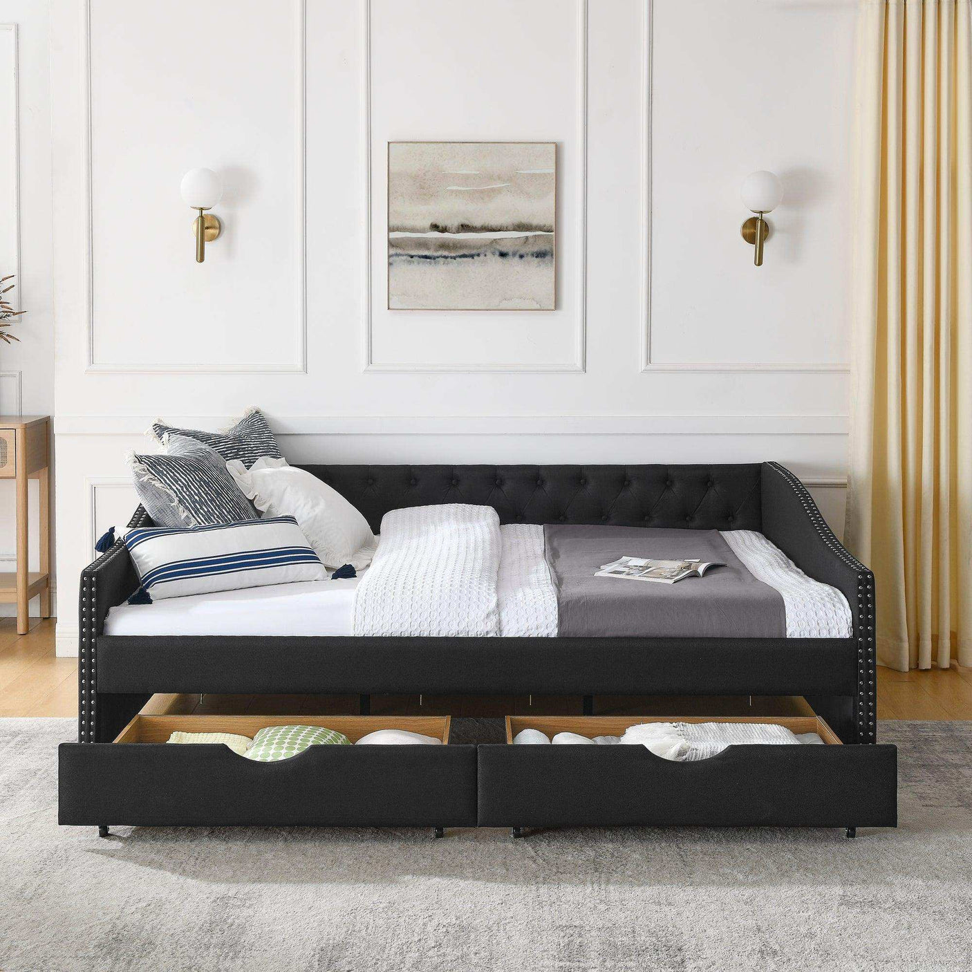 Queen Daybed | Tufted Copper Nailhead & Underbed Drawers | Black