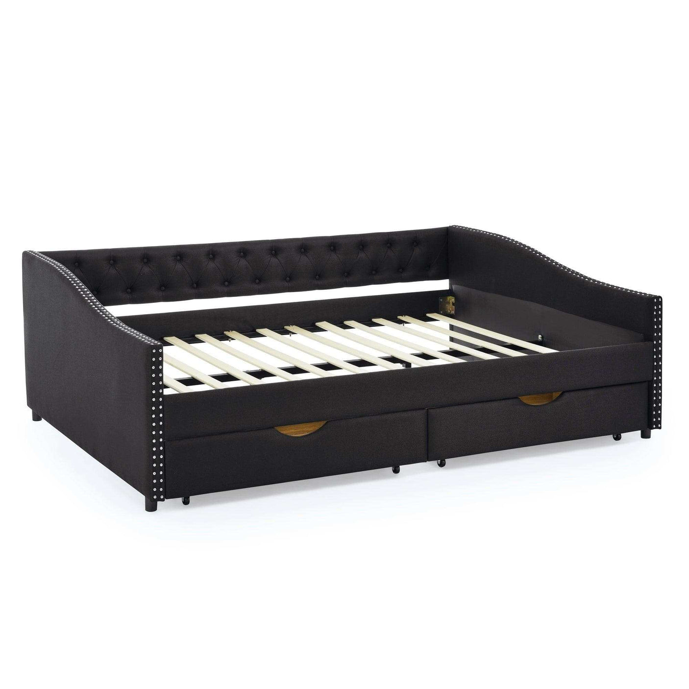 Queen Daybed | Tufted Copper Nailhead & Underbed Drawers | Black