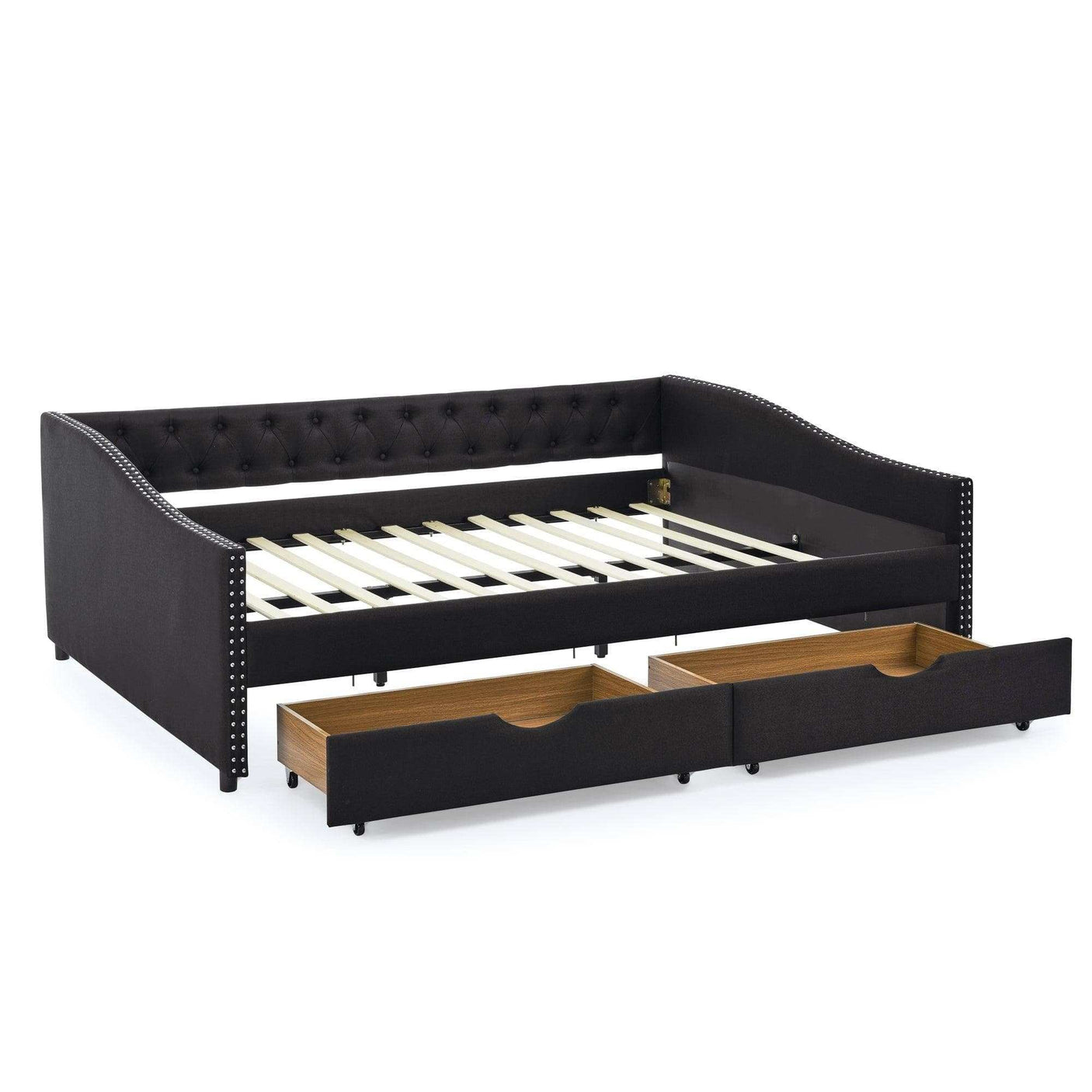 Queen Daybed | Tufted Copper Nailhead & Underbed Drawers | Black