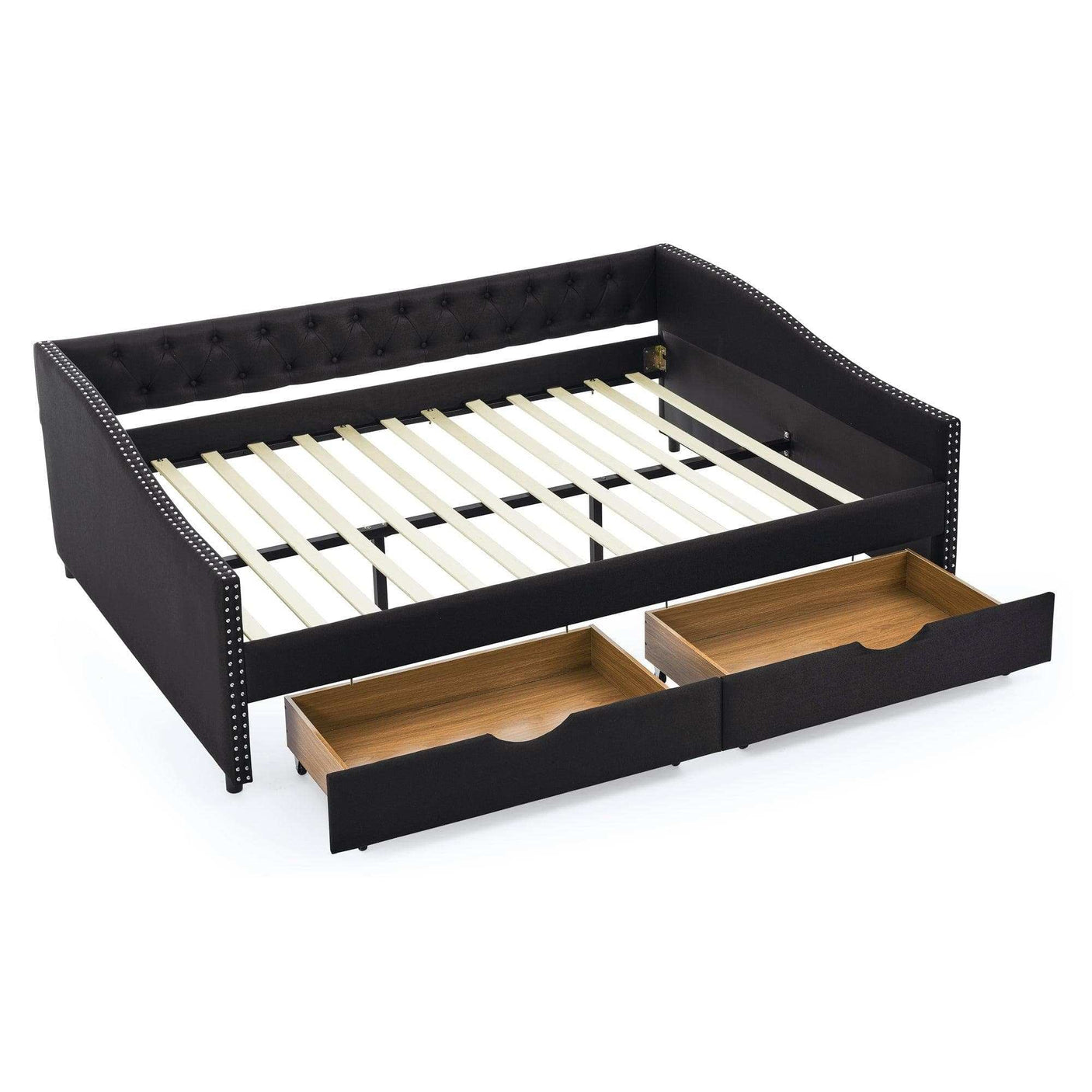 Queen Daybed | Tufted Copper Nailhead & Underbed Drawers | Black