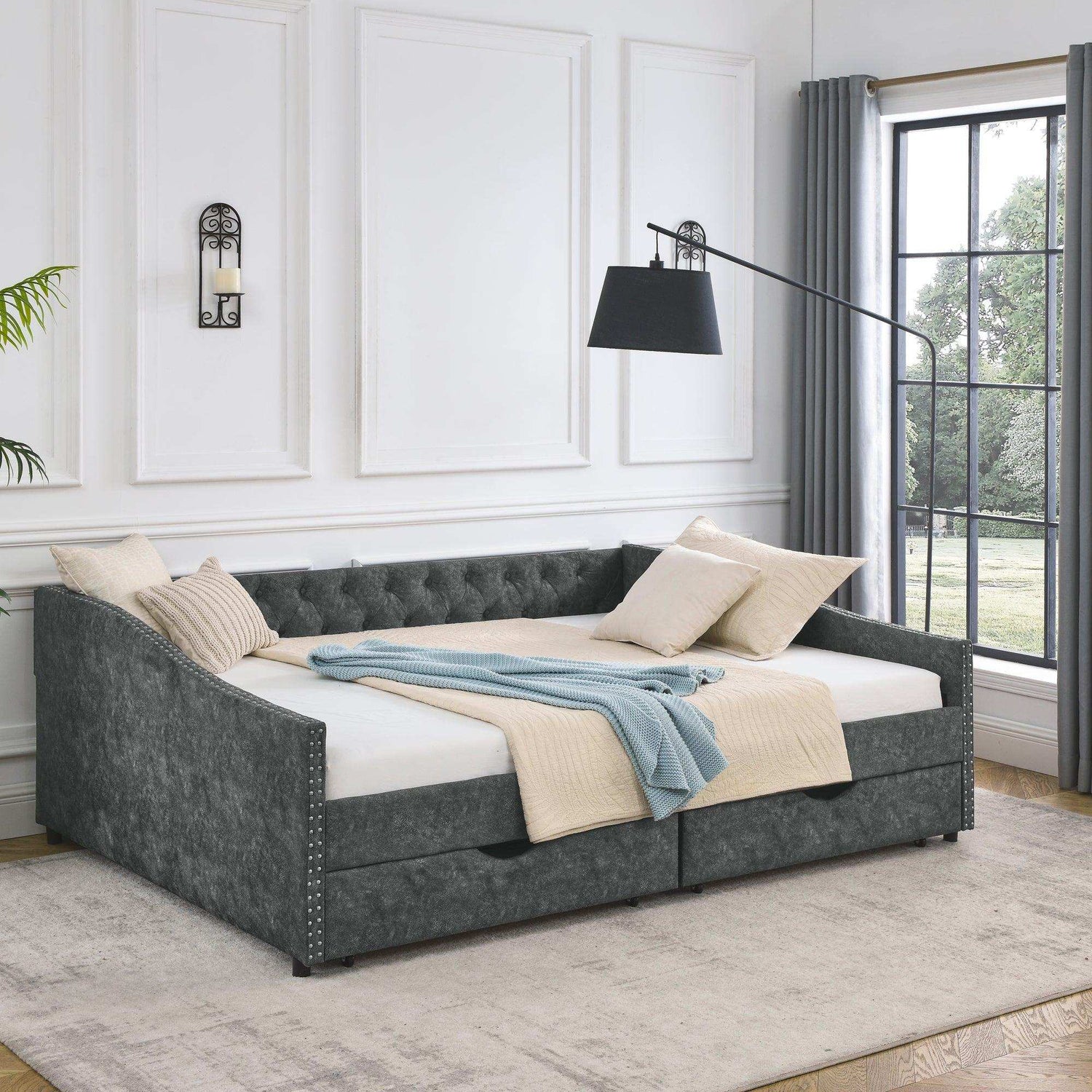 Queen Daybed, Tufted Copper Nailhead & Underbed Drawers, Grey