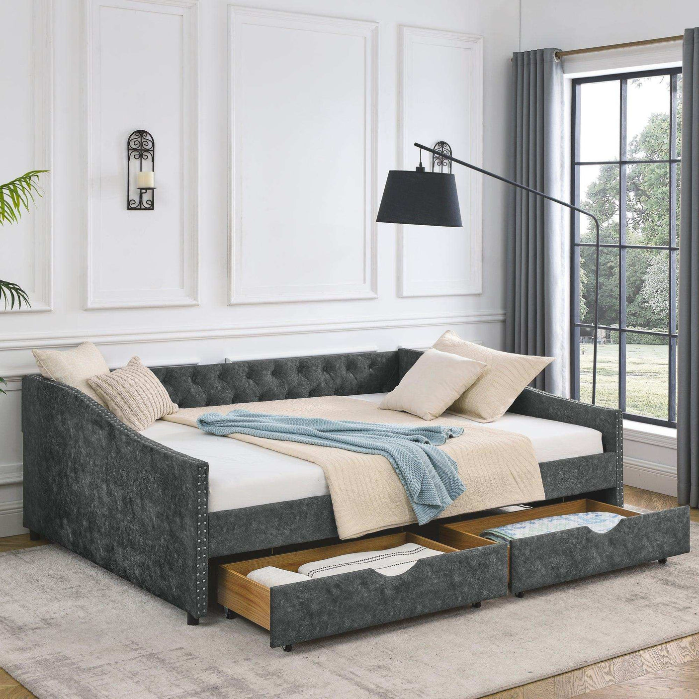Queen Daybed, Tufted Copper Nailhead & Underbed Drawers, Grey