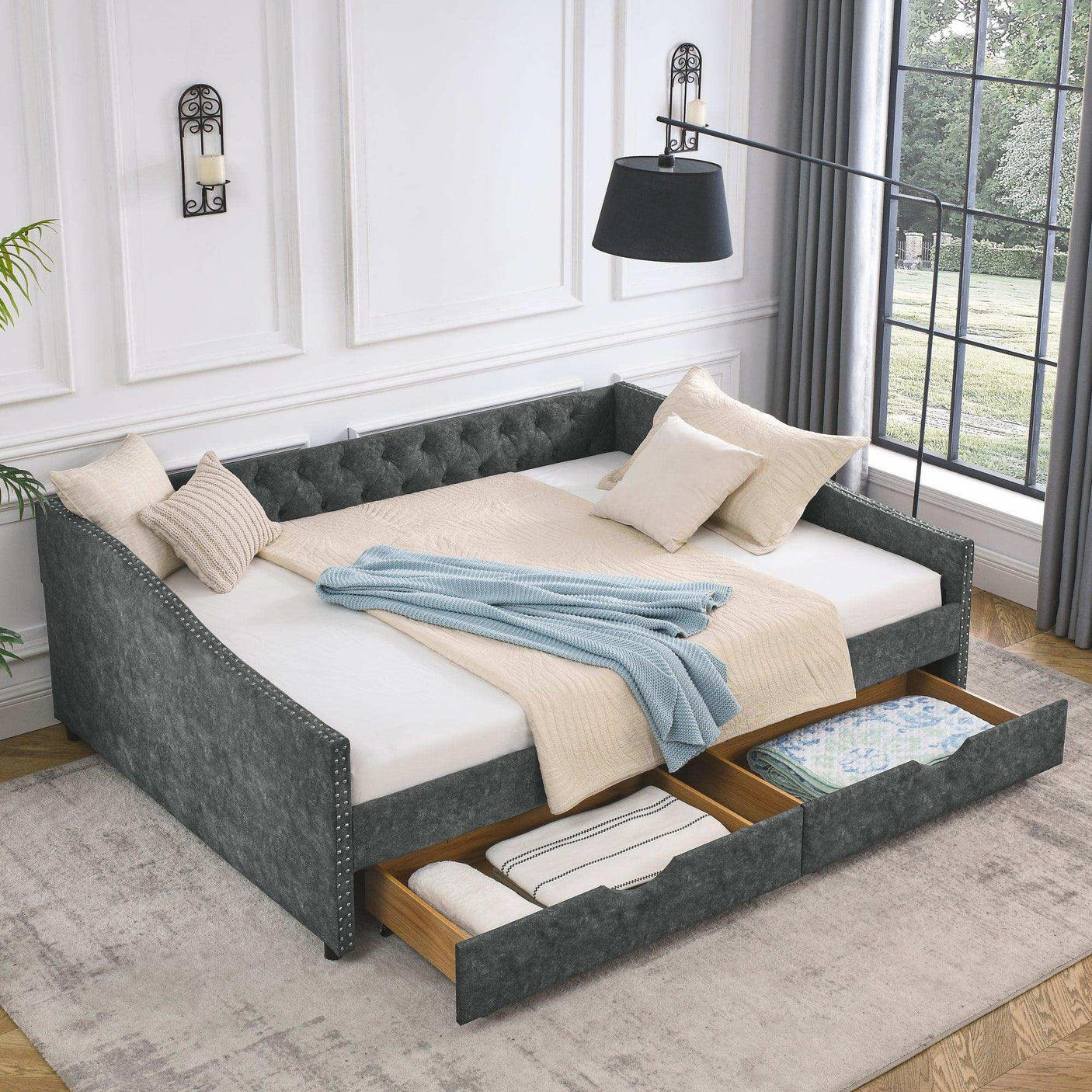 Queen Daybed, Tufted Copper Nailhead & Underbed Drawers, Grey