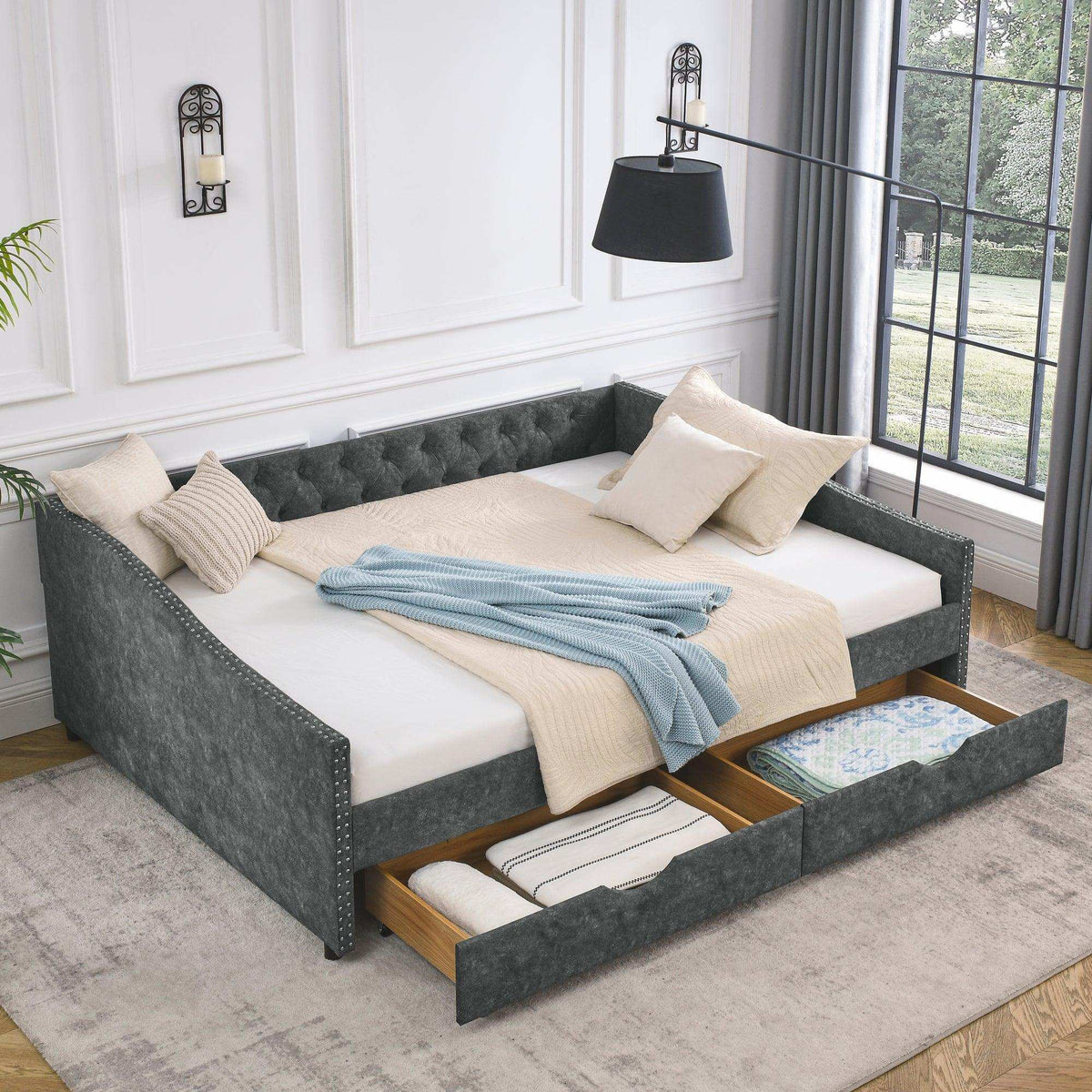 Daybed, Tufted Copper Nailhead & Underbed Drawers, Grey