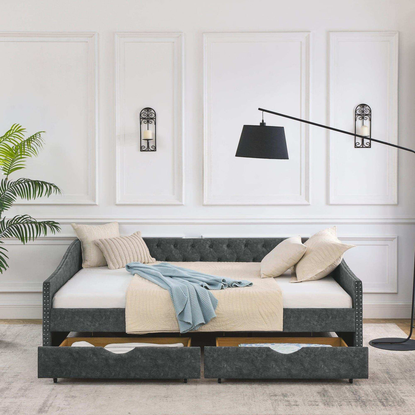 Queen Daybed, Tufted Copper Nailhead & Underbed Drawers, Grey