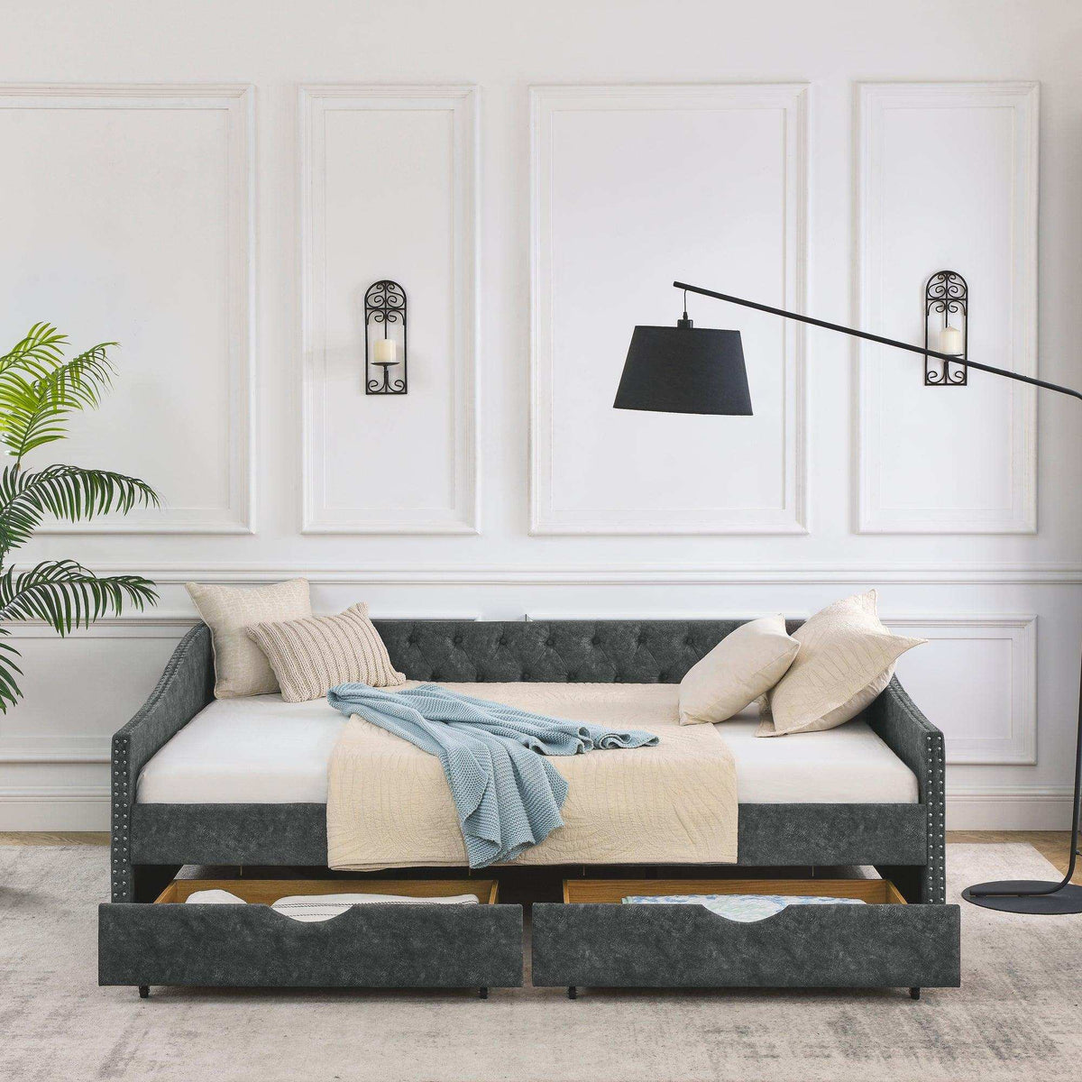 Daybed, Tufted Copper Nailhead & Underbed Drawers, Grey