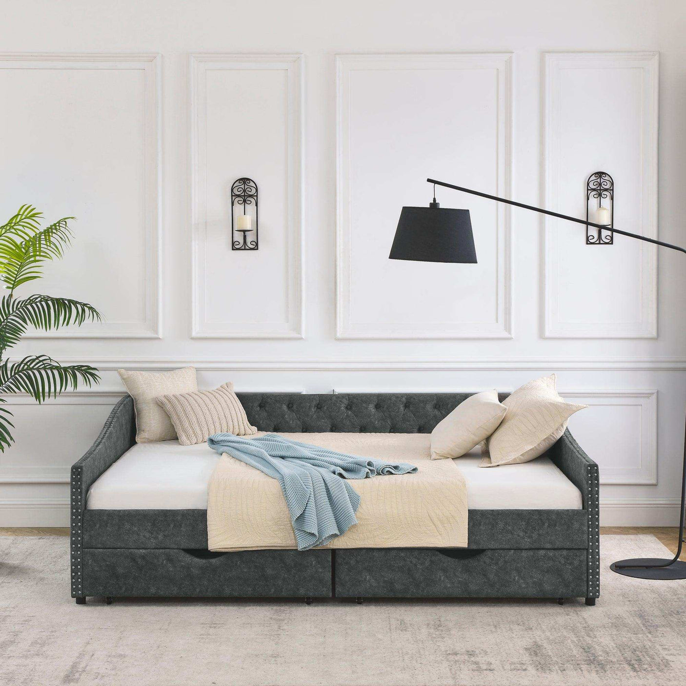 Queen Daybed, Tufted Copper Nailhead & Underbed Drawers, Grey