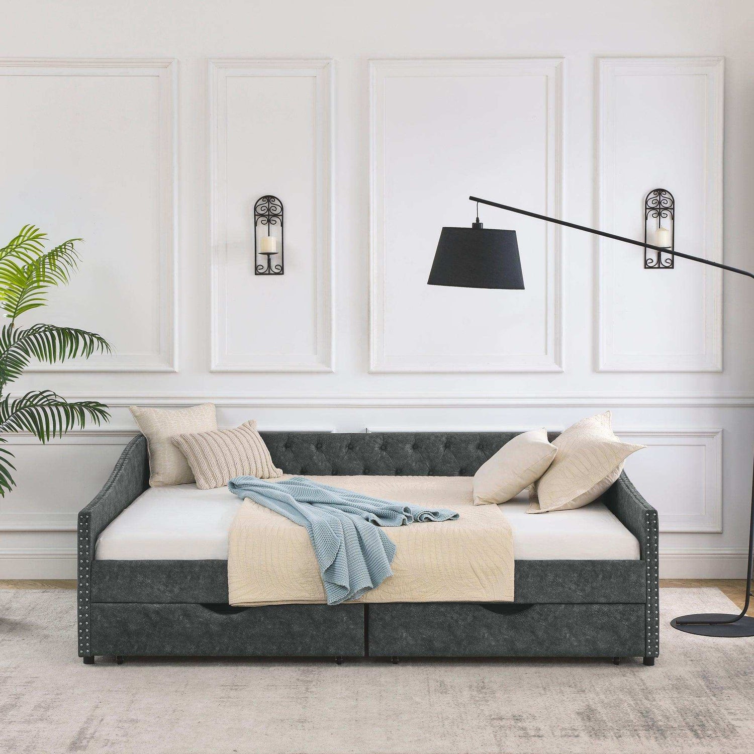 Queen Daybed, Tufted Copper Nailhead & Underbed Drawers, Grey