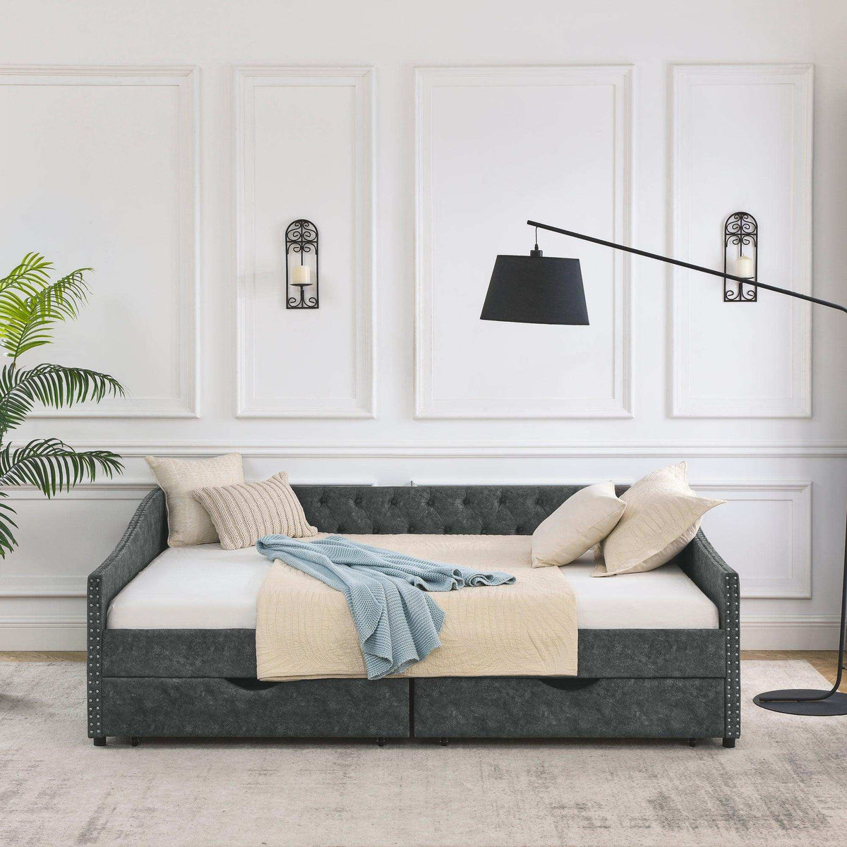 Daybed, Tufted Copper Nailhead & Underbed Drawers, Grey