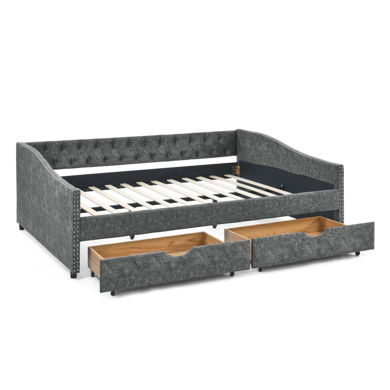 Queen Daybed, Tufted Copper Nailhead & Underbed Drawers, Grey