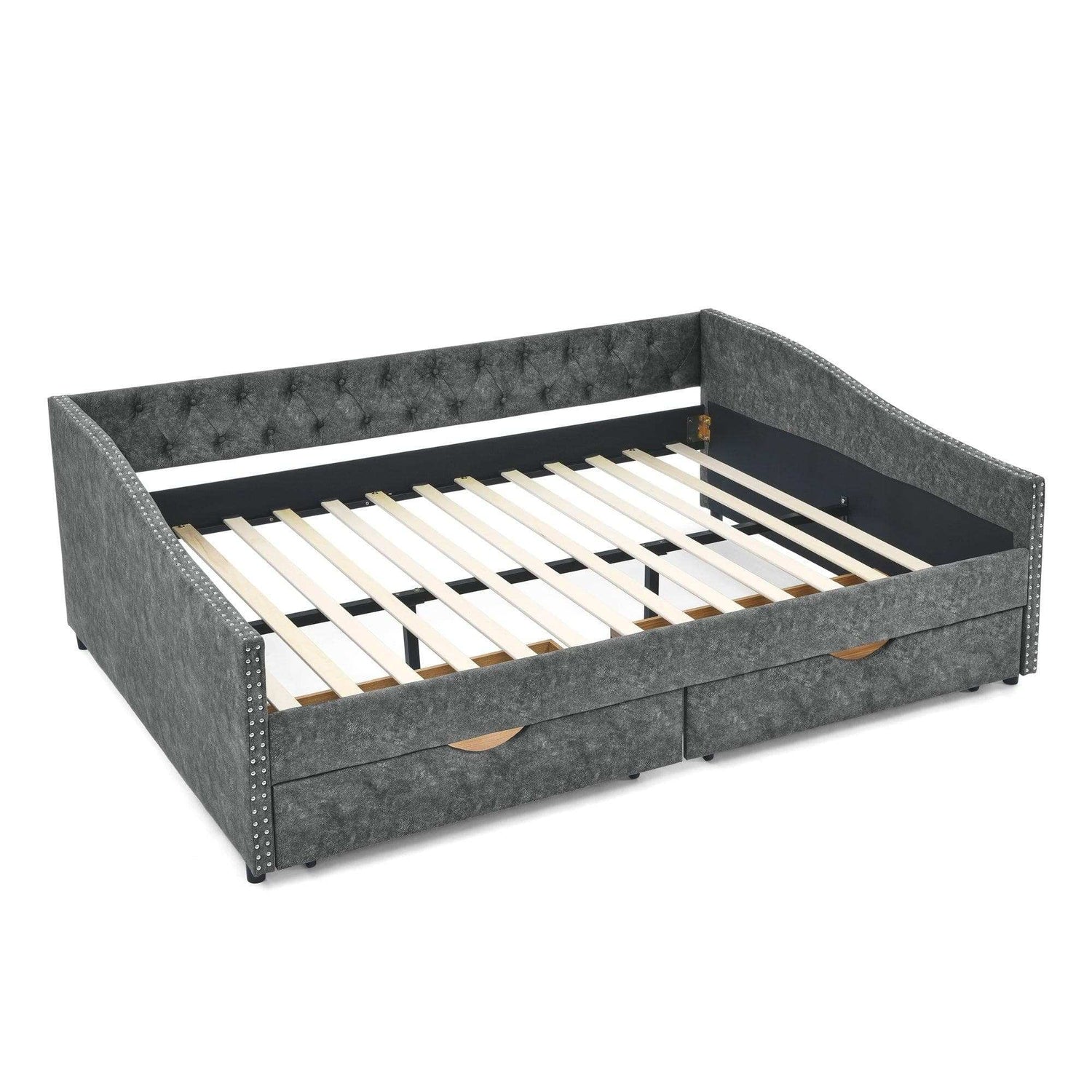 Queen Daybed, Tufted Copper Nailhead & Underbed Drawers, Grey