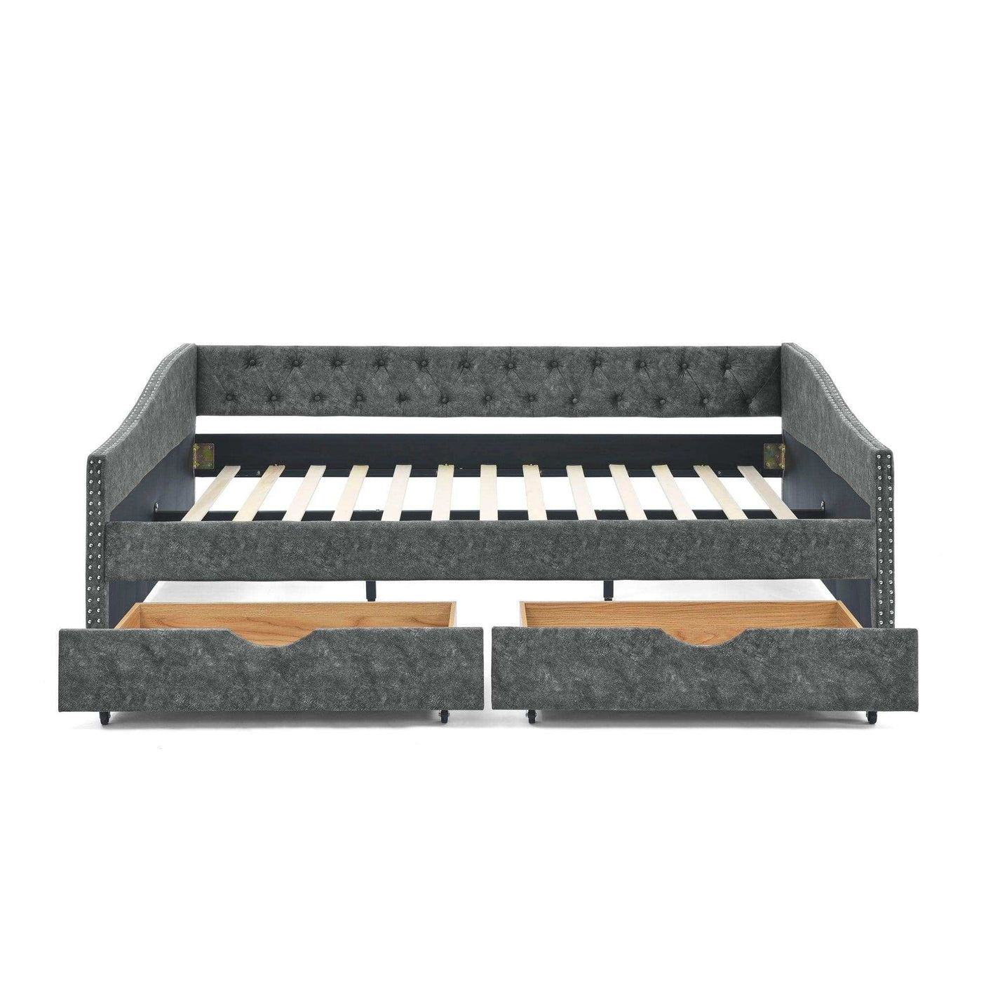 Queen Daybed, Tufted Copper Nailhead & Underbed Drawers, Grey