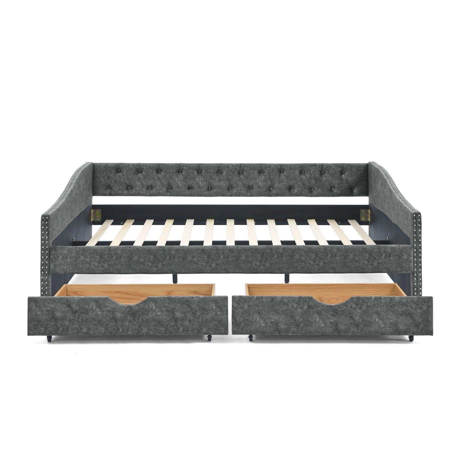 Queen Daybed, Tufted Copper Nailhead & Underbed Drawers, Grey