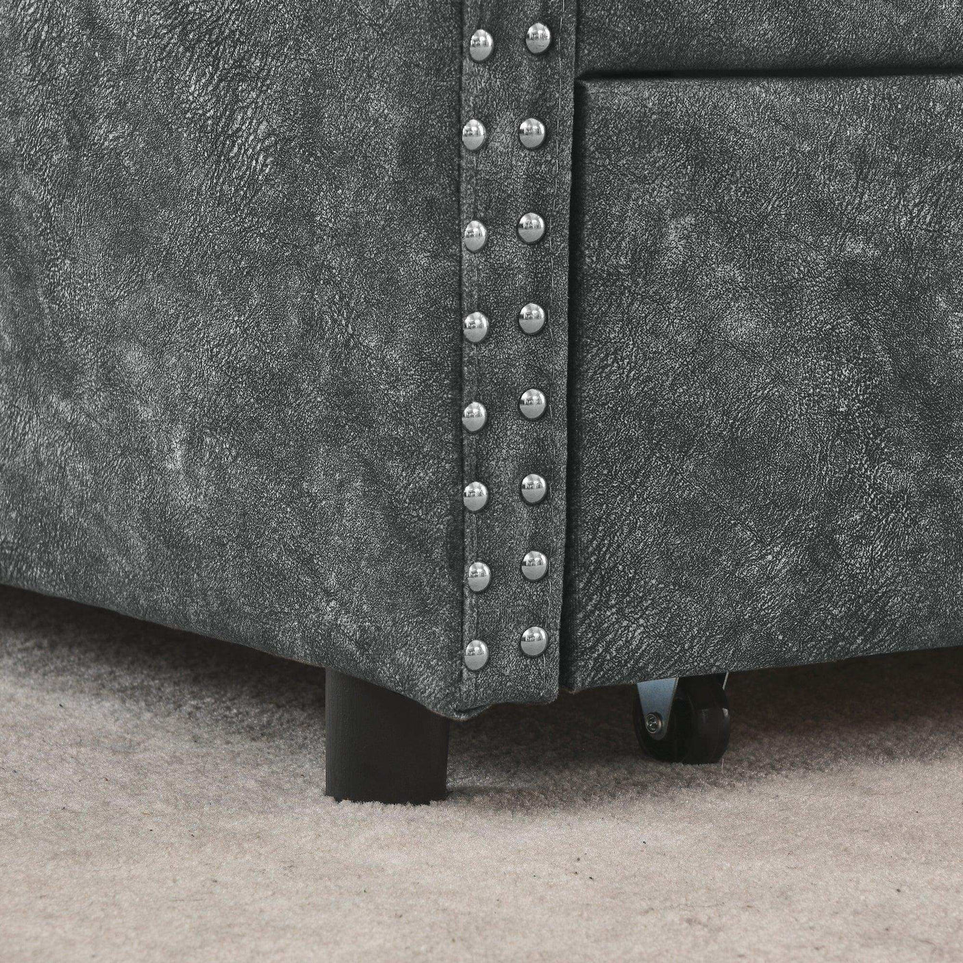 Queen Daybed, Tufted Copper Nailhead & Underbed Drawers, Grey