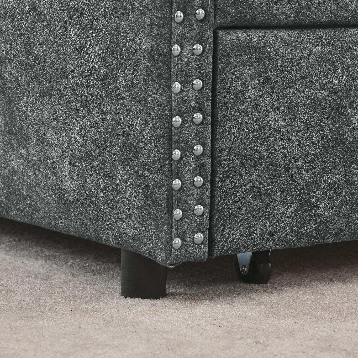 Queen Daybed, Tufted Copper Nailhead & Underbed Drawers, Grey