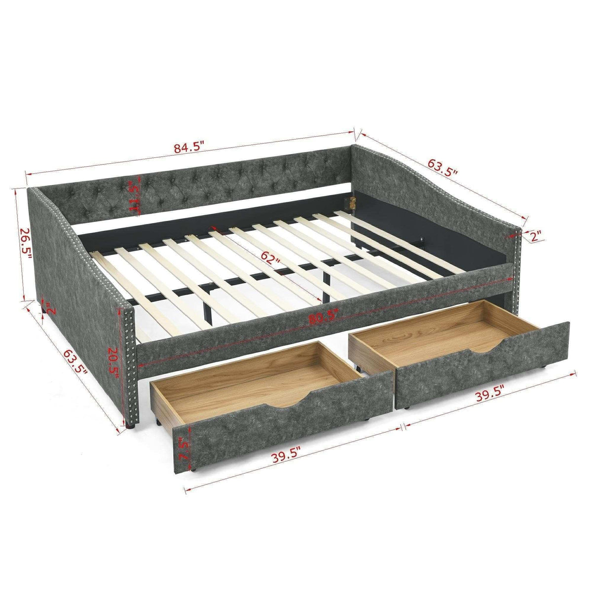 Daybed, Tufted Copper Nailhead & Underbed Drawers, Grey