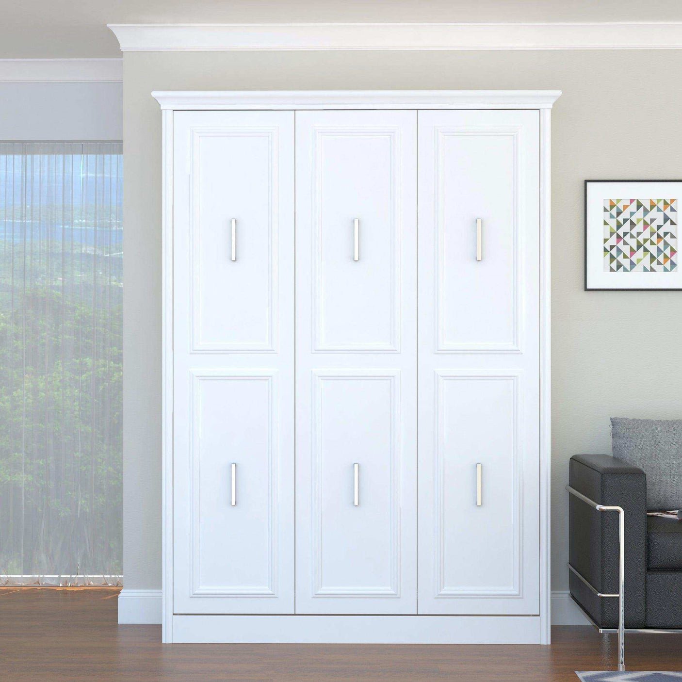 Queen vertical white Murphy bed cabinet in modern living room with gray sofa