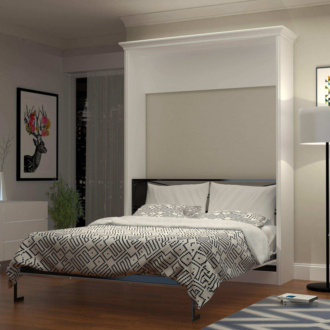 Queen Murphy bed Allegra vertical white frame in modern bedroom with patterned bedding