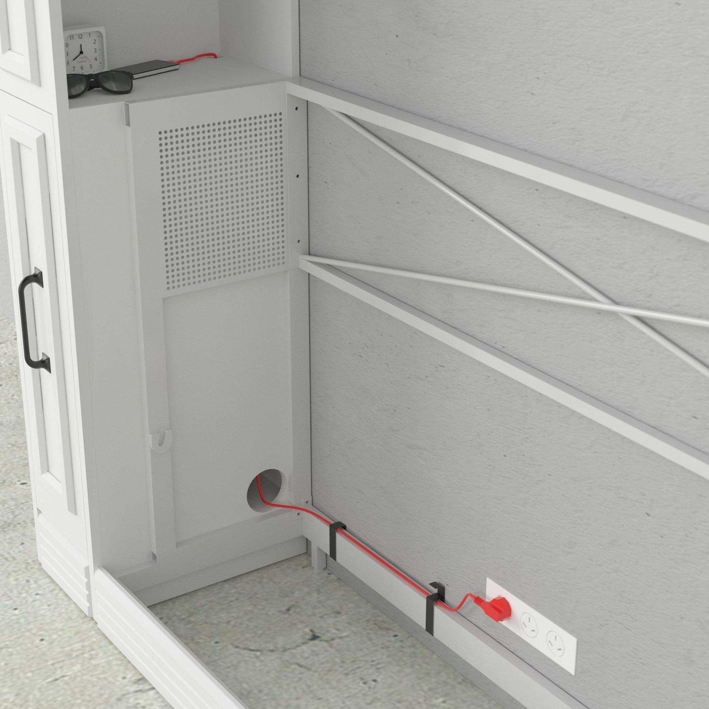 Queen Murphy bed white frame with built-in power outlet and storage shelf