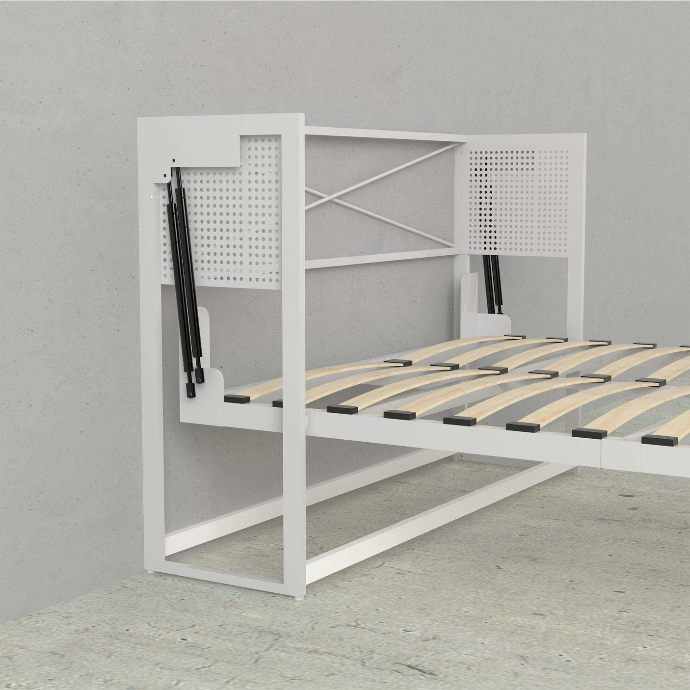 White queen Murphy bed frame with wood slats in modern minimalist room