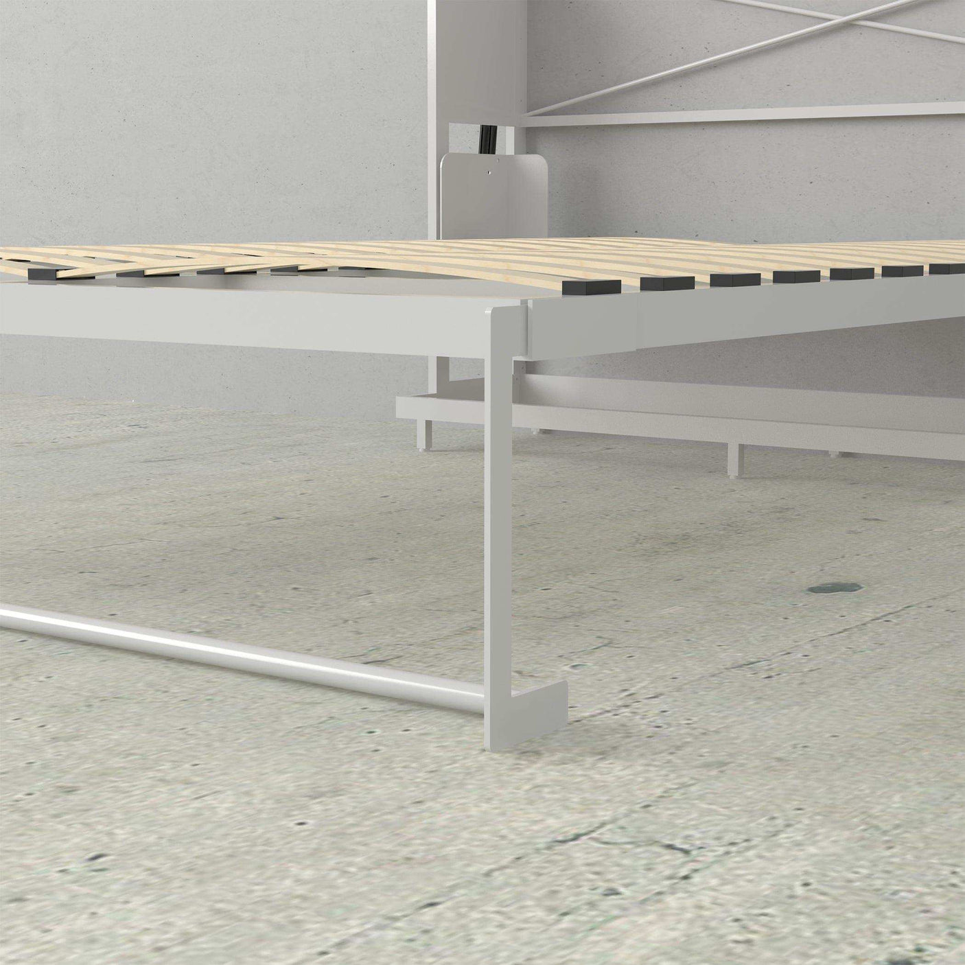 White queen Murphy bed frame with slatted base in modern minimalist room