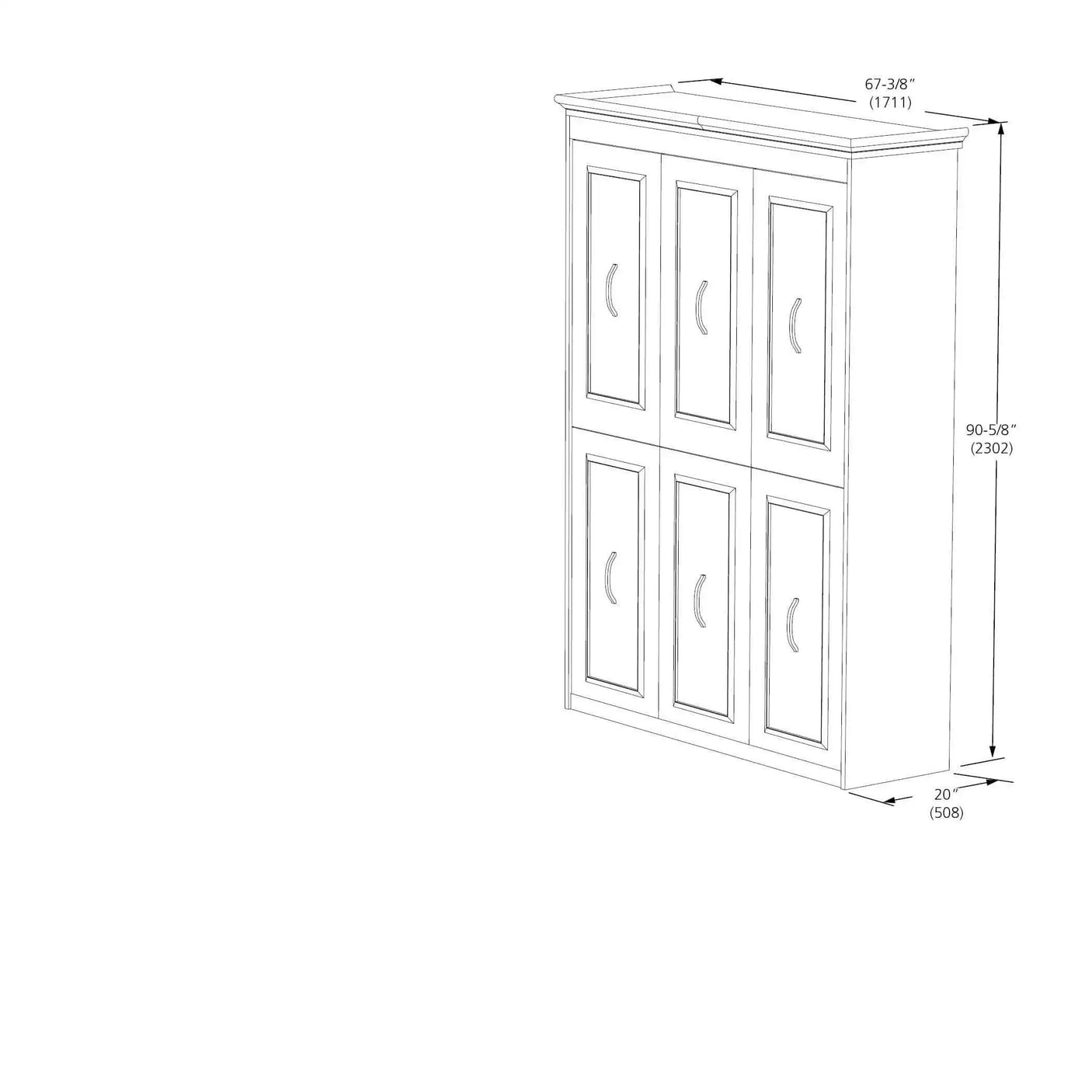 Queen size vertical Murphy bed cabinet dimensions, white finish, six panel doors