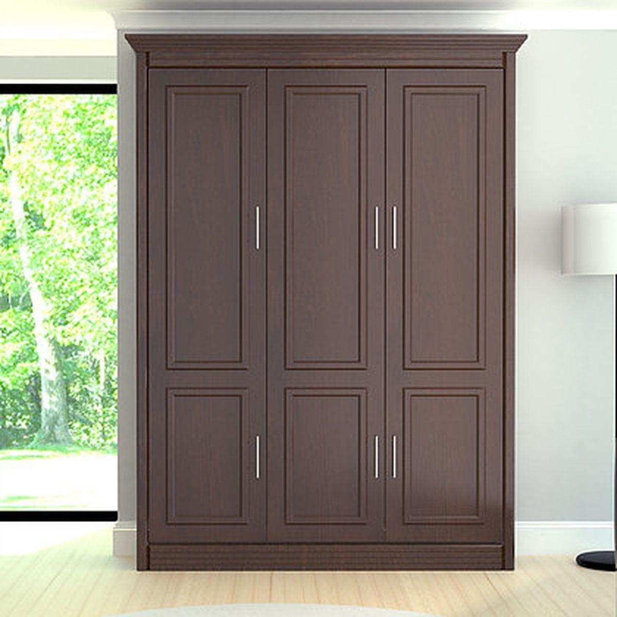 Queen size vertical walnut Murphy bed with paneled doors in modern bedroom